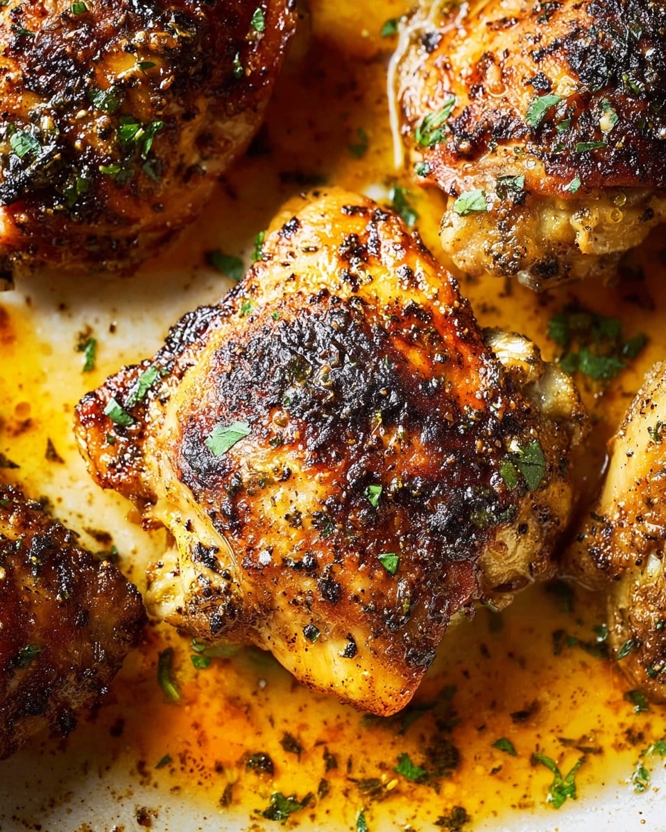 A close-up view of several pieces of grilled chicken thighs with crispy, golden-brown skin speckled with dark char marks, sitting in a shallow pool of orange oil and seasoning juices on a white marbled surface. The chicken is garnished with small, scattered green herbs adding a fresh contrast to the rich colors of the meat and sauce. The texture of the chicken skin looks slightly rough and crunchy, with the inside appearing tender and juicy. Photo taken with an iphone --ar 4:5 --v 7