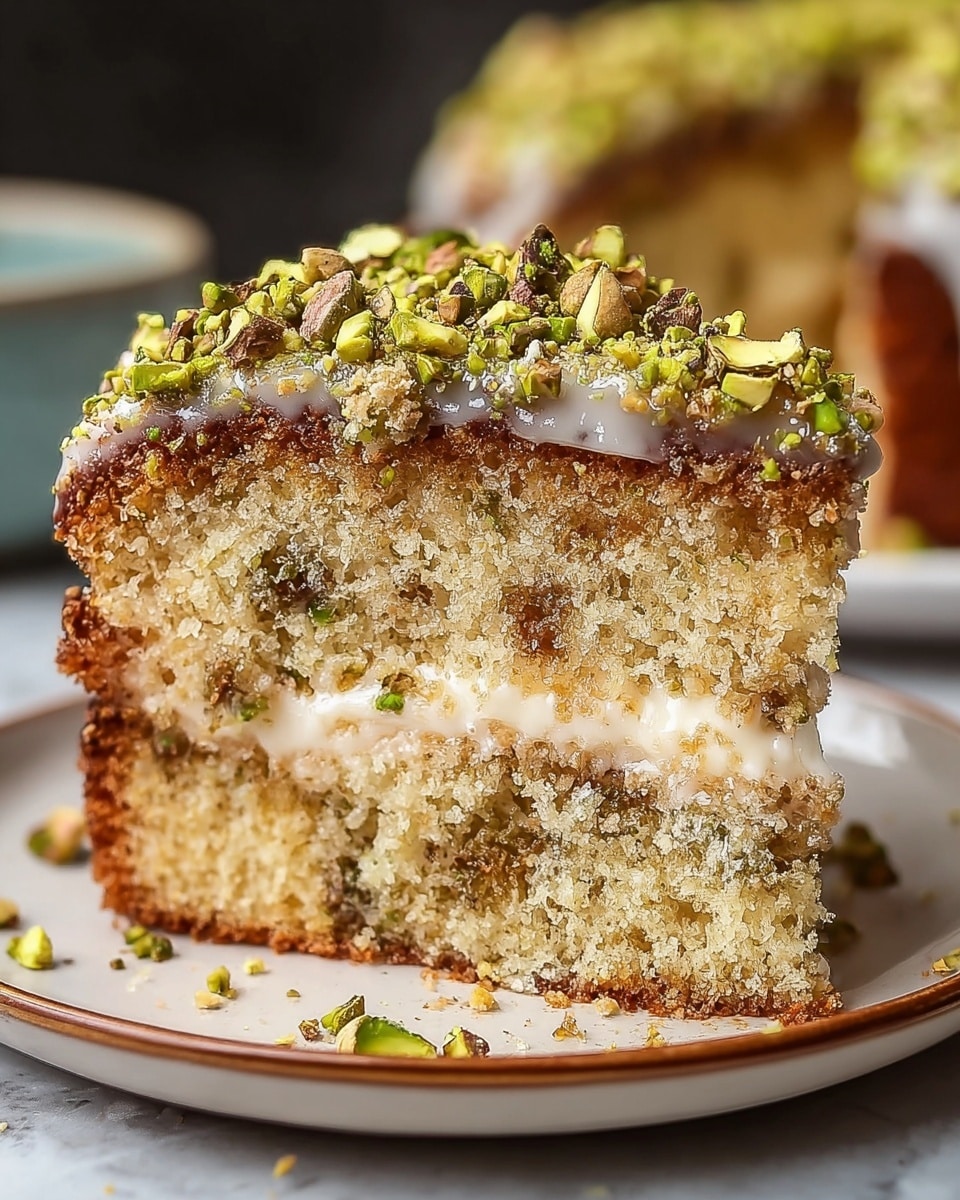 A close-up of a single slice of cake on a white plate with a speckled pattern, placed on a white marbled surface. The cake has three layers: the bottom and middle layers are light golden brown with a grainy texture showing bits of green pistachio, the middle layer is a creamy white filling, and the top layer is a crumbly mix covered with powdered sugar and scattered chopped pistachios that are green with some brown skin pieces. The top edge is rough and uneven. Photo taken with an iphone --ar 4:5 --v 7