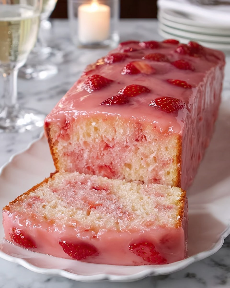 A rectangular pink sponge cake with two layers is shown on a white plate with a textured edge, placed on a white marbled surface. The cake is covered in a shiny, pink glaze mixed with small chunks of red strawberries that drip slightly down the sides. The inside texture appears soft and moist, with a gradient from light pink at the bottom to a deeper pink near the top. One slice is cut and placed flat in front of the cake, showing the same layers and glaze coating its sides. The background is softly blurred, with candlelight and a hint of green and other table settings visible. Photo taken with an iphone --ar 4:5 --v 7