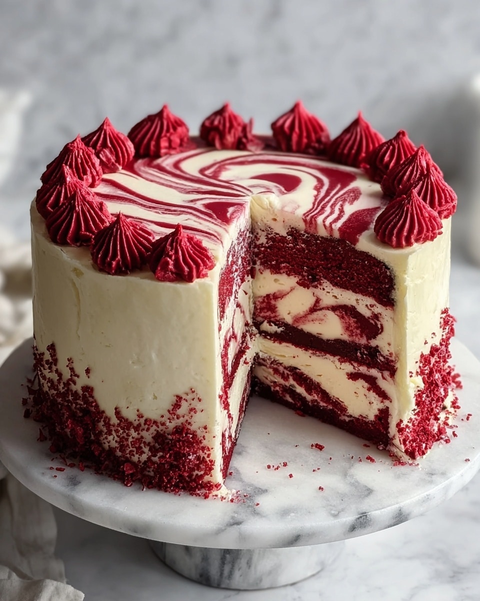 A tall cake with three layers of deep red sponge is covered in smooth, creamy white frosting with red swirls mixed inside. The sides show the red and white layers swirling together, and the top has red frosting piped in small peaks all around the edge, decorated with tiny red crumbs. The center of the cake is white with a red swirl pattern that looks like a loose swirl heart. A slice is cut out, showing the thick red sponge layers inside separated by white frosting. The cake sits on a round white marble stand against a white marbled texture background. photo taken with an iphone --ar 4:5 --v 7