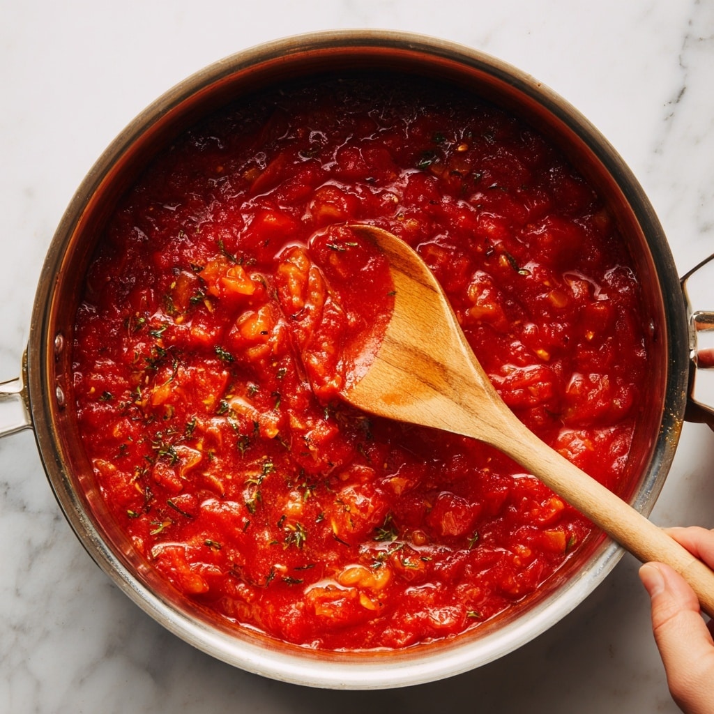 A close-up view of a shiny metal pot filled with bright red tomato sauce mixed with small chunks of tomatoes and herbs, showing a rich, slightly chunky texture. A wooden spoon is dipped into the sauce, stirring gently from the top left corner, held by a woman's hand. The pot sits on a white marbled surface with soft lighting that highlights the sauce's vibrant red color and the pot’s smooth surface. photo taken with an iphone --ar 4:5 --v 7