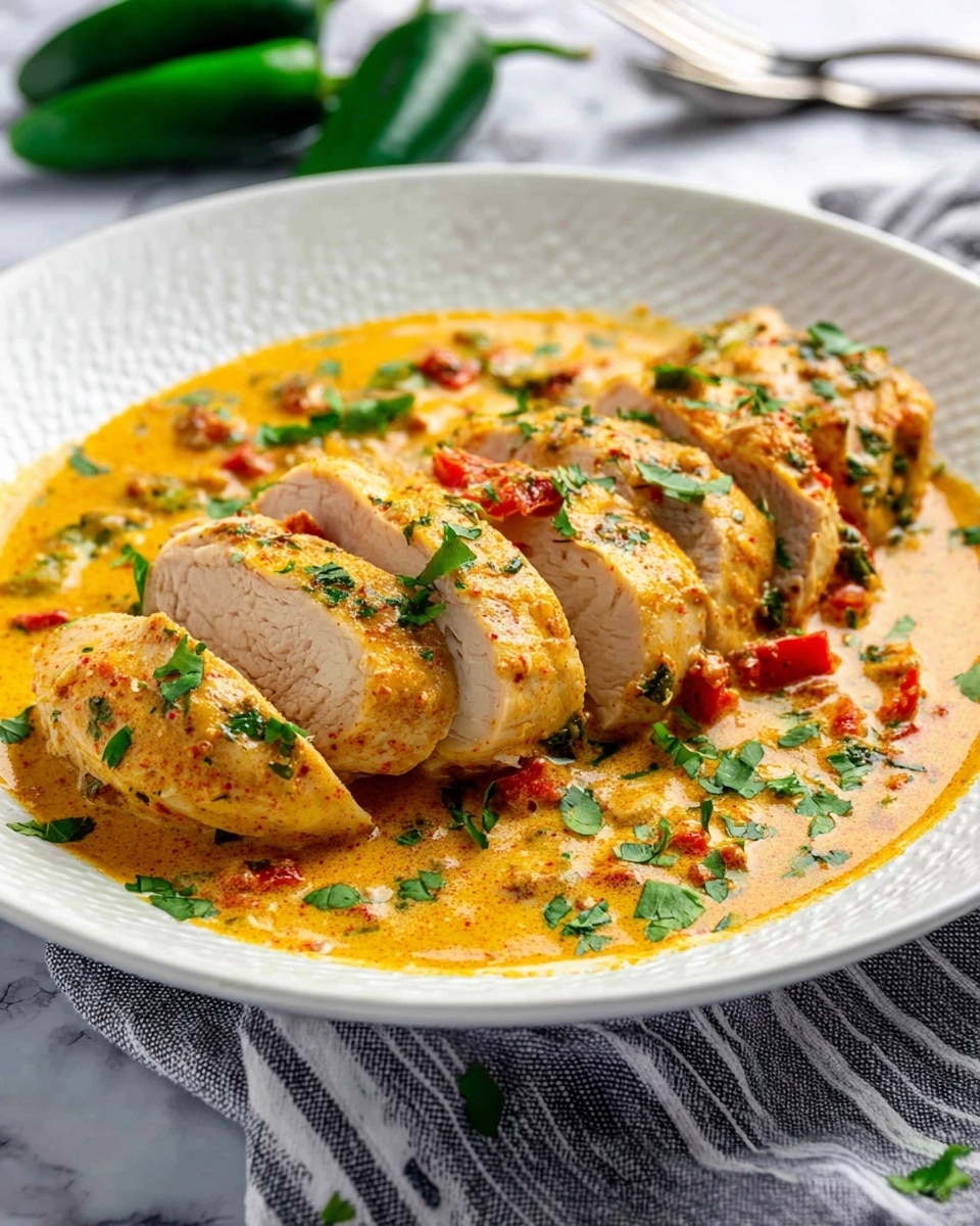 A dish showing five slices of cooked chicken breast arranged in a fan shape on a white plate with a textured rim. The chicken is covered in a creamy orange-yellow sauce with visible pieces of red bell pepper and green herbs, filling the plate generously around the chicken slices. Fresh green chopped herbs are sprinkled on top and around the plate. The plate rests on a white marbled surface with a grey and white striped cloth beneath it. In the background, two green peppers and a silver fork are partially shown. photo taken with an iphone --ar 4:5 --v 7