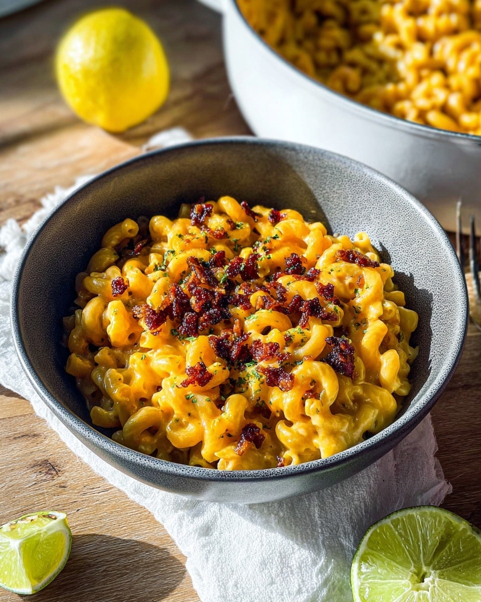 A grey bowl filled with creamy macaroni pasta, covered in bright orange cheese sauce, topped with dark red crispy bits and sprinkled with green herbs, sitting on a white cloth on a wooden surface. Nearby, a whole lemon and lime rest on the wood, and a white pan filled with more cheesy macaroni is partly visible in the background. The scene is bright and well-lit, showing the rich textures of the creamy cheese and crispy topping. Photo taken with an iphone --ar 4:5 --v 7