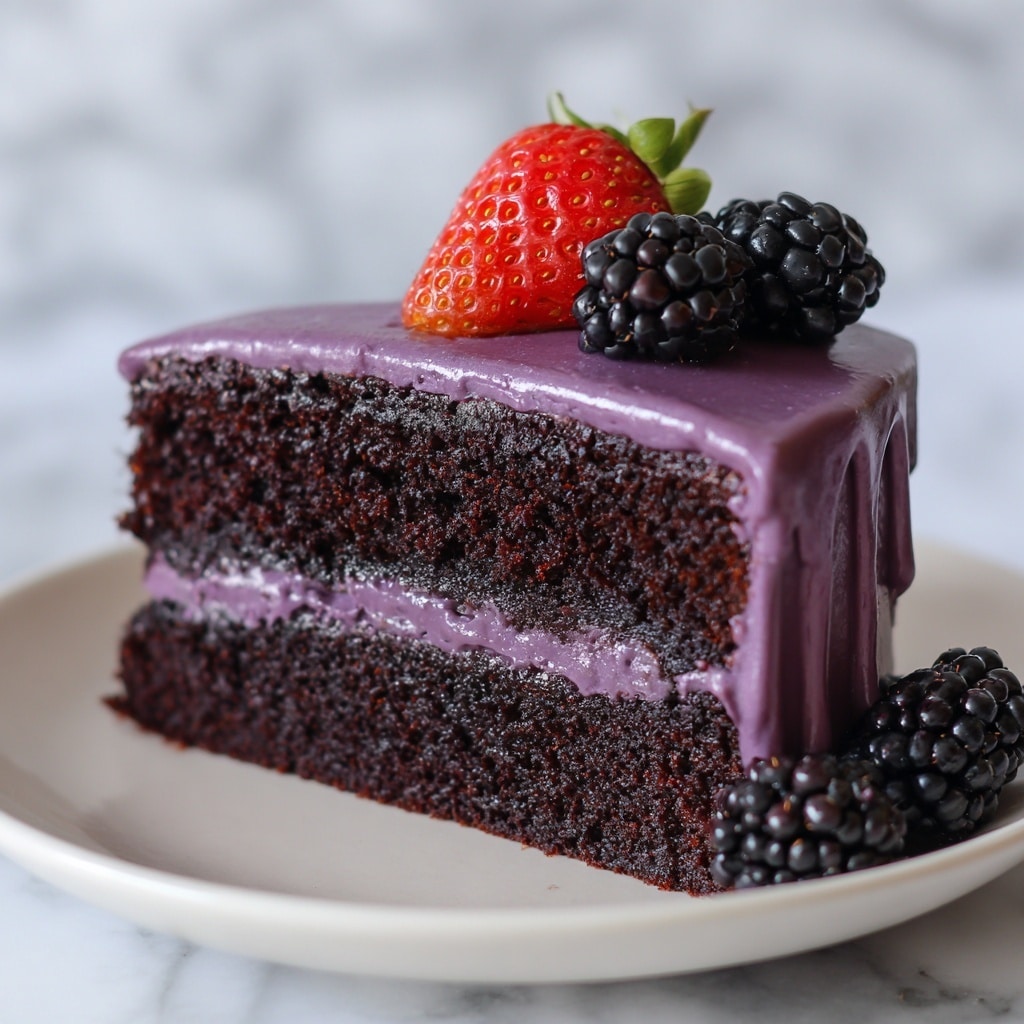 A two-layer dark purple cake sits on a white plate, each layer separated by a smooth, thick layer of bright purple frosting. The entire cake is covered with the same glossy purple frosting, with three small dollops on top, each topped with a shiny black blackberry. The cake texture looks moist and dense, contrasting with the creamy, smooth frosting. The background shows a soft, white marbled surface with a blurred white teapot. Photo taken with an iphone --ar 4:5 --v 7