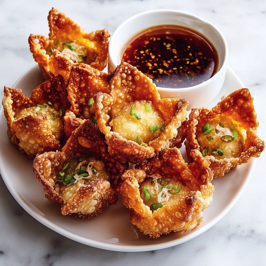 A white plate holds a stack of crispy golden-brown fried wontons with bubbly, crunchy texture, each shaped like little open cups with a visible filling of light-colored shredded meat and green chopped scallions inside one in the front; behind the wontons sits a white cup filled with dark reddish-brown dipping sauce. The plate rests on a white marbled surface, highlighting the warm colors of the food. photo taken with an iphone --ar 4:5 --v 7