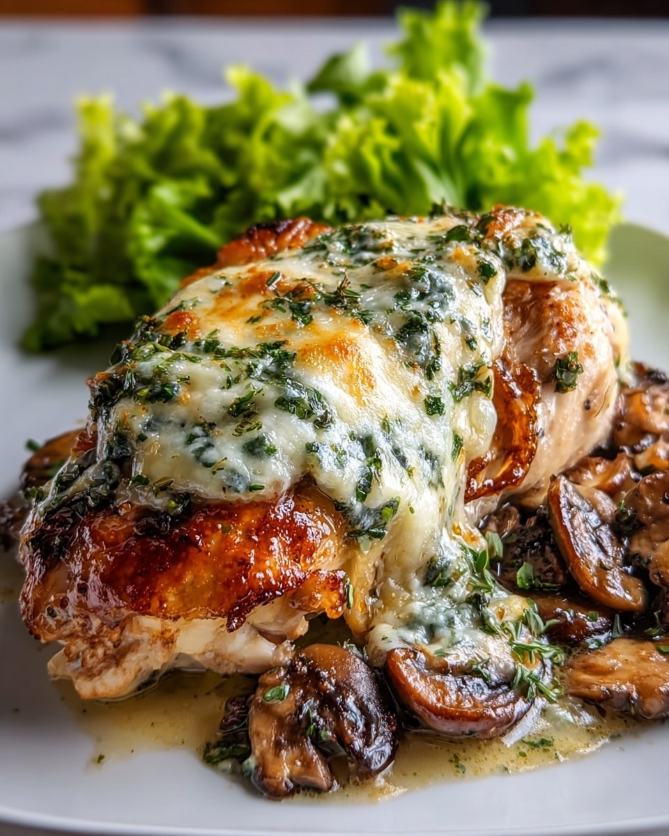 A close-up view of a roasted chicken breast topped with melted, golden-brown cheese mixed with green herbs, creating a textured and bubbly layer on top. The chicken skin underneath is crispy and browned with a shiny glaze, while sautéed brown mushrooms and creamy herb sauce surround the base of the chicken. In the background, a small pile of fresh, green lettuce adds contrast. Everything is served on a white plate placed on a white marbled surface. Photo taken with an iphone --ar 4:5 --v 7