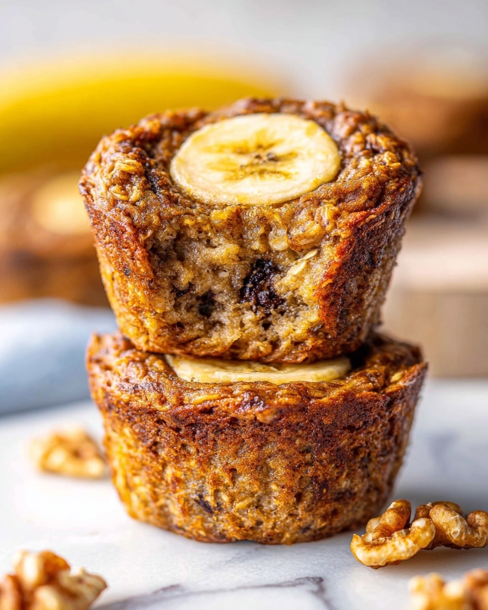 Five oatmeal muffins are shown on a white marbled surface, each muffin golden brown with a rough, textured appearance from oats and small bits. On top of each muffin is a slice of banana with a light yellow color and dark specks in the center. Around the muffins, there are a few pieces of walnuts with a light brown, slightly shiny look. In the background, a whole banana and a soft blue cloth slightly blurred add depth to the image. photo taken with an iphone --ar 4:5 --v 7