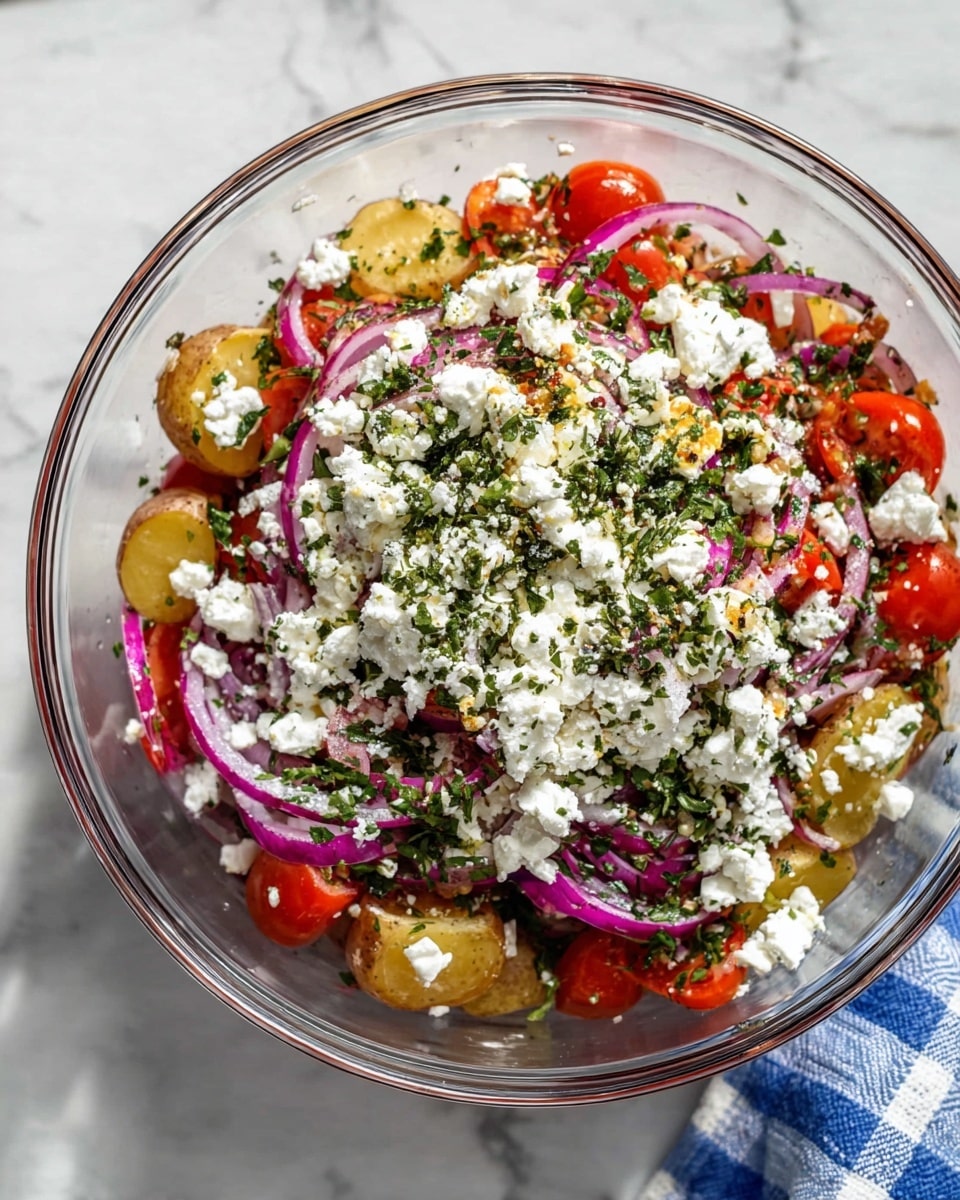 A clear glass bowl filled with a colorful salad placed on a white marbled surface, showing layers from bottom to top: golden brown small potatoes, bright red tomato pieces, thin slices of purple onion, all topped with a generous layer of crumbled white cheese and finely chopped green herbs scattered evenly over the top, with a blue and white checkered cloth partially visible to the right; photo taken with an iphone --ar 4:5 --v 7