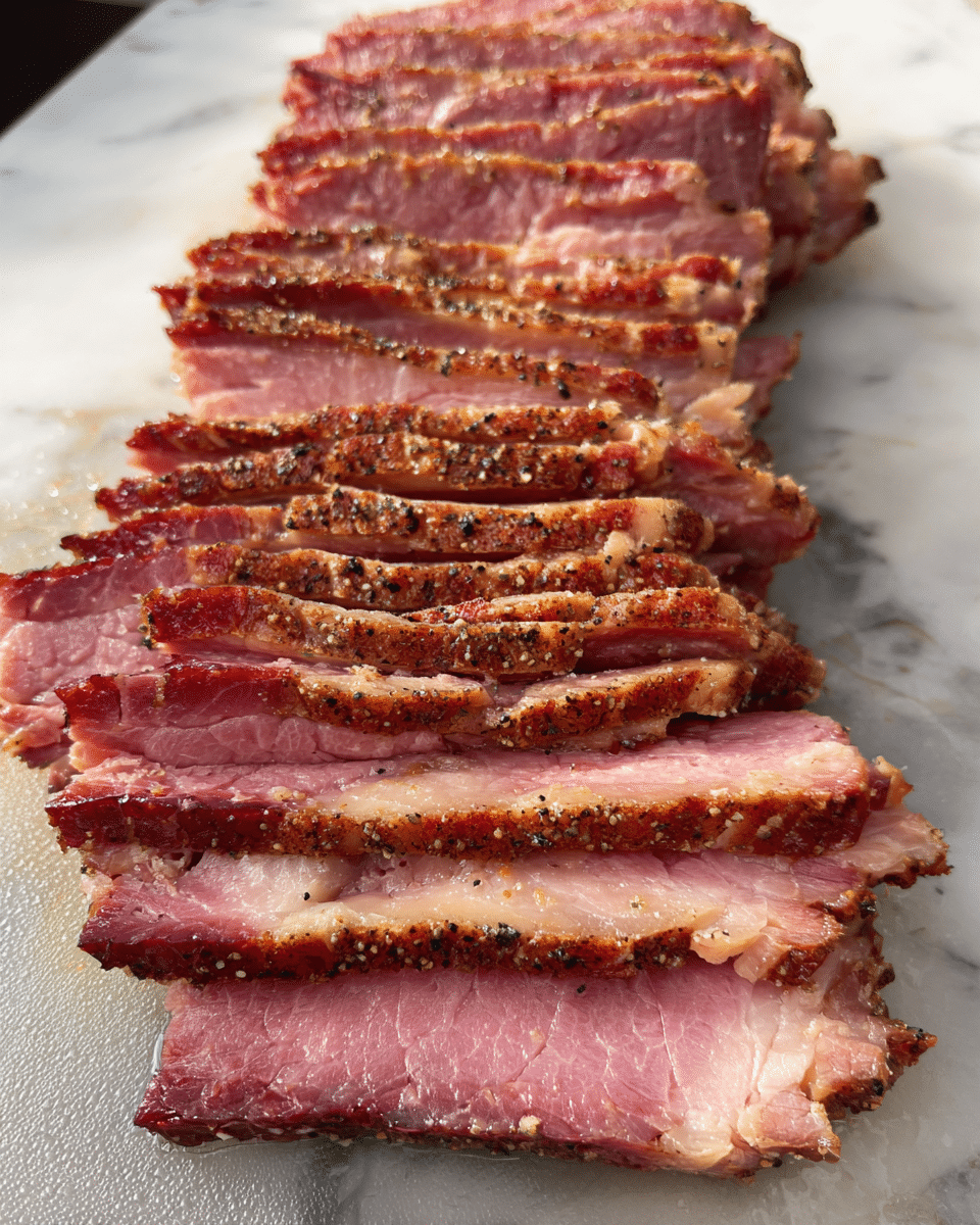 A stack of about ten slices of smoked meat is placed on a clear cutting board on a white marbled surface. Each slice shows a thick pink center with a darker red edge, surrounded by a light brown crust with visible seasonings like black pepper and coriander seeds. The texture looks juicy and tender with a mix of smooth fatty layers and meat fibers. The slices are slightly overlapping, forming a neat row stretching from the bottom to the top of the cutting board. Photo taken with an iphone --ar 4:5 --v 7