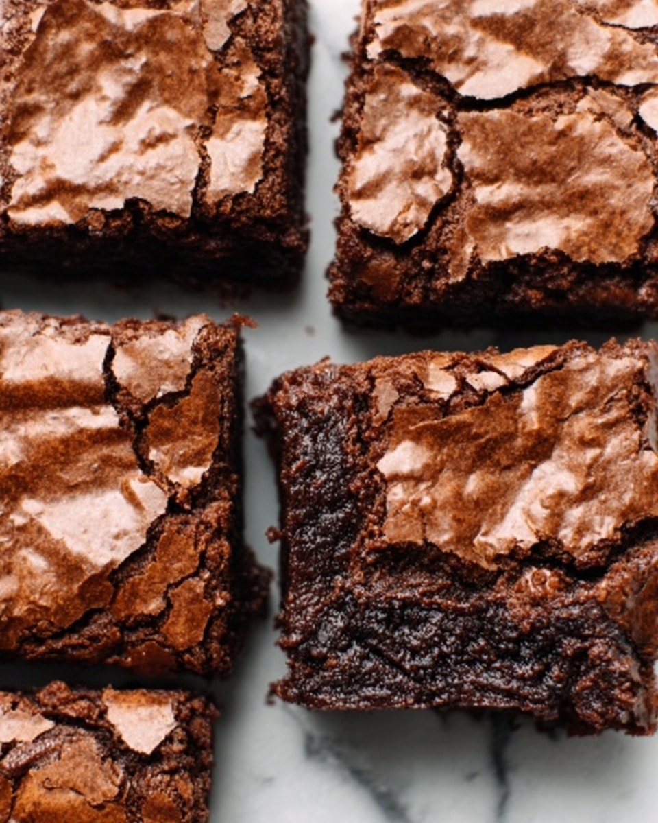 A stack of three thick, fudgy brownies sits on crumpled brown paper against a white marbled texture. Each brownie layer is dark brown with a slightly cracked, shiny top and a dense, moist inside showing chocolate chunks. The brownies are square-shaped with clean edges, stacked evenly one on top of the other, highlighting their rich, chewy texture. Photo taken with an iphone --ar 4:5 --v 7
