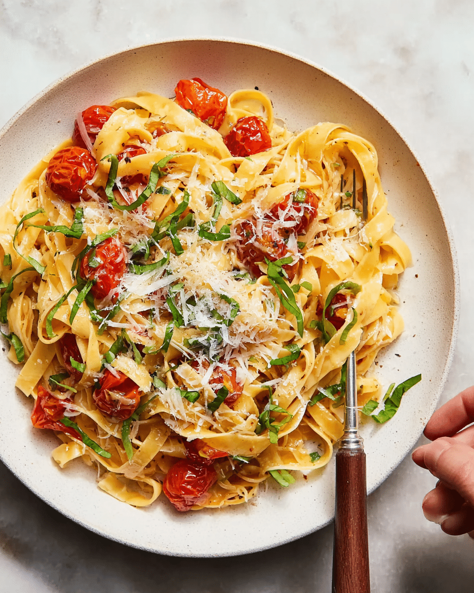 A white plate filled with a pile of golden flat fettuccine pasta as the base layer, mixed with bright red cherry tomatoes that are both whole and slightly cooked, scattered throughout the noodles. The third layer consists of thinly sliced green herbs spread evenly across the pasta, adding a fresh touch. On top, there is a generous sprinkle of finely grated white parmesan cheese covering the pasta and tomatoes. A fork with a wooden handle rests in the pasta, with the woman's hand holding it from the side. The plate sits on a white marbled surface. photo taken with an iphone --ar 4:5 --v 7