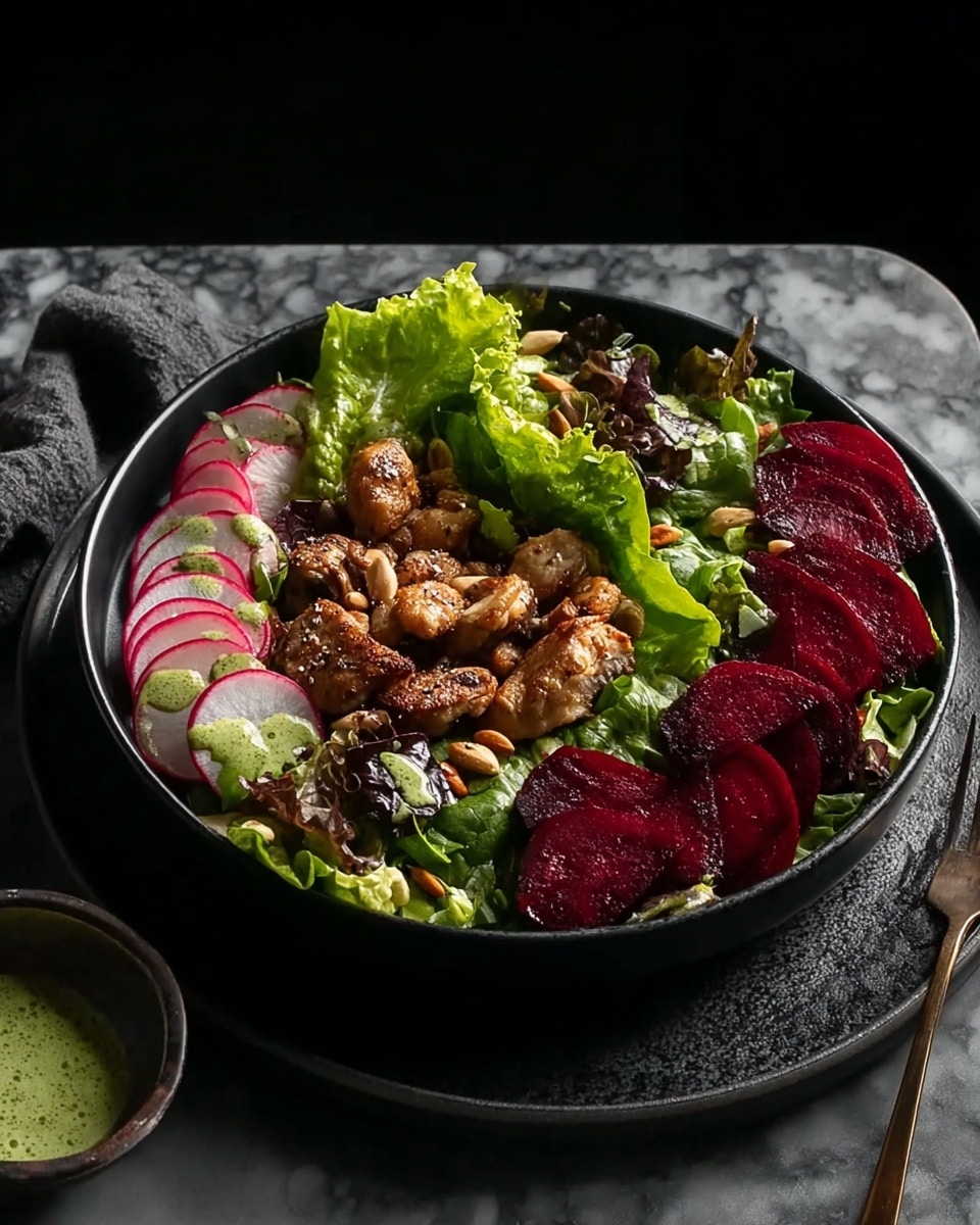 A black bowl filled with a fresh mixed green salad layer, with bright green lettuce leaves and other greens as the base, topped with roasted golden-brown chicken pieces scattered in the center, and a few cooked brown mushrooms adding texture. Thin slices of white and pink radishes with green sauce dollops are spread on one side, along with deep red beet root wedges that add a vibrant contrast on another side. A few pine nuts are sprinkled over the salad for extra detail. The bowl is placed on a dark gray plate, all against a white marbled textured surface with a dark background. Photo taken with an iphone --ar 4:5 --v 7