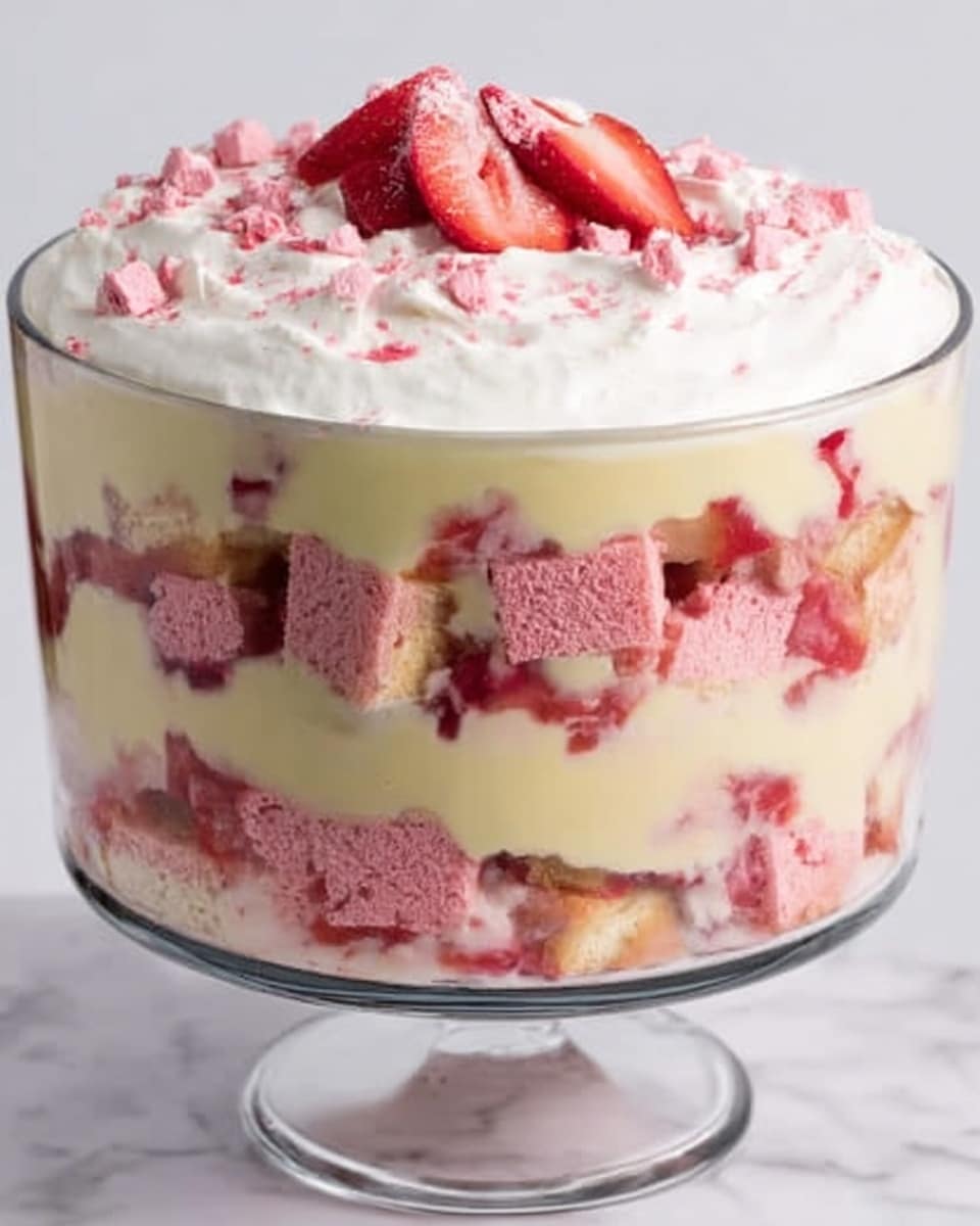 A clear glass trifle bowl filled with multiple layers starting from the bottom with creamy pale yellow custard mixed with small pieces of red strawberries, above that a thick layer of pink sponge cake cubes, followed by another layer of pale yellow custard. The pattern repeats with more strawberry pieces and pink sponge cubes, topped with a thick white whipped cream layer decorated with thin strawberry slices and small strawberry chunks on top. The bowl sits on a white marbled surface. photo taken with an iphone --ar 4:5 --v 7