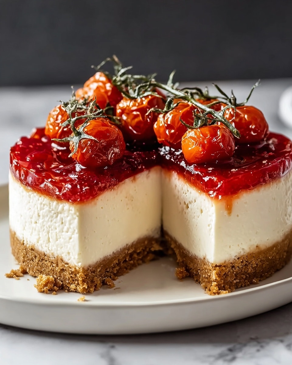 The image shows a cheesecake with three visible layers on a white plate set on a white marbled surface. The bottom layer is a thick, golden-brown crumbly crust. Above the crust is a thick, creamy white cheesecake layer with a smooth but slightly textured surface, and a slice is missing from the front, showing the inside. The top layer is a shiny, rich red tomato sauce topped with bright red, roasted cherry tomatoes with wrinkled skin, and fresh green sprigs of herbs scattered over the tomatoes. Photo taken with an iphone --ar 4:5 --v 7