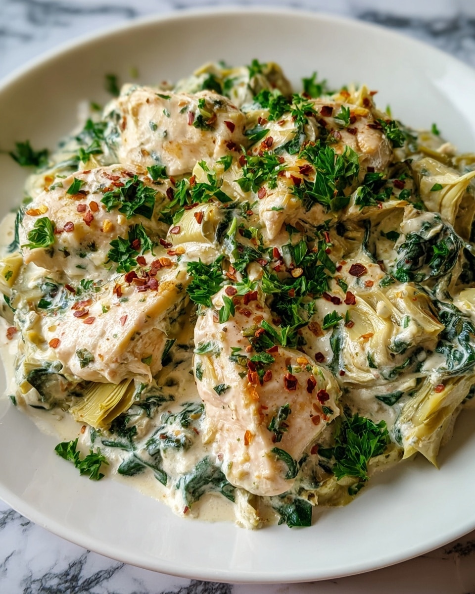 A white plate holds a creamy dish with three visible pieces of pale, cooked chicken layered with light green artichoke hearts and dark green spinach, all mixed into a rich white sauce with herbs. The dish is topped with chopped green parsley and a sprinkling of reddish chili flakes, giving it a fresh and spicy look. The sauce is thick and smooth, coating the chicken and vegetables evenly, while the parsley adds small bright green pops on top. The plate sits on a white marbled surface. photo taken with an iphone --ar 4:5 --v 7