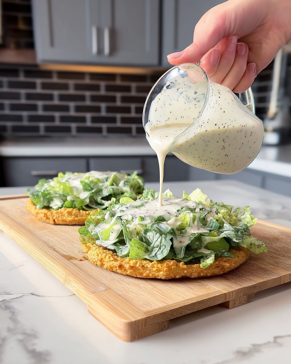 A woman's hand is pouring a creamy white sauce with black pepper specks from a clear glass jug onto two round, golden brown crispy crusts placed on a light wooden board. Each crust is topped with a thick layer of green leafy salad mixed with a creamy dressing, giving a fresh, textured look with various shades of green and white. The wooden board rests on a white marbled surface, and the background shows a modern kitchen with gray cabinets and a dark tiled backsplash. photo taken with an iphone --ar 4:5 --v 7