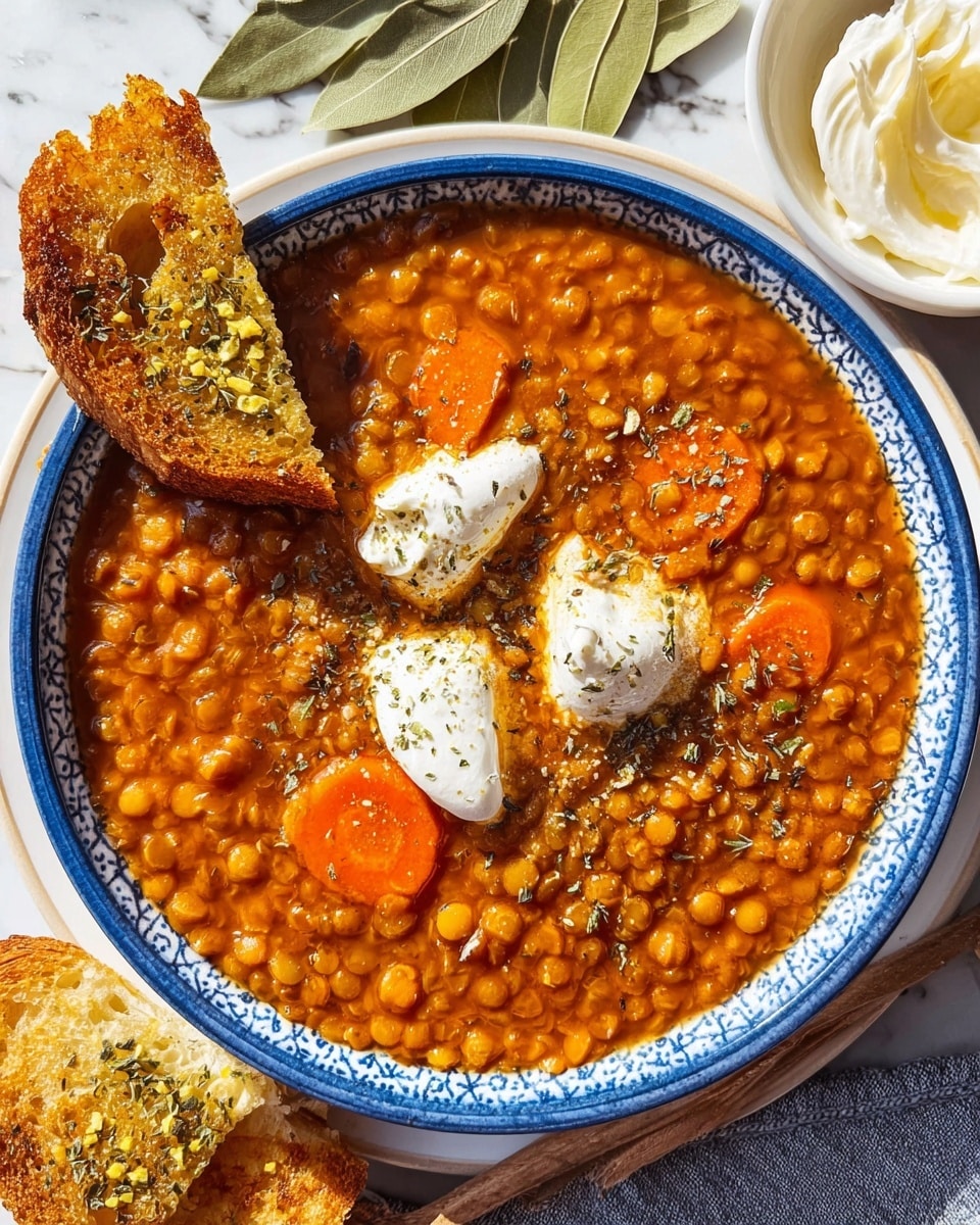 A deep bowl with a blue rim holds thick orange lentil soup full of small lentils and sliced orange carrot rounds. On top of the soup, there are two dollops of white cream sprinkled with greenish dried herbs. The bowl is placed on a white plate with a blue pattern around the edge, sitting on a white marbled surface. To the side, there are two pieces of toasted bread with a golden color and green herb sprinkles, a few fresh bay leaves, peeled garlic cloves, and a white plate holding more white cream. The scene is lit brightly, showing the rich texture and colors of the soup. photo taken with an iphone --ar 4:5 --v 7