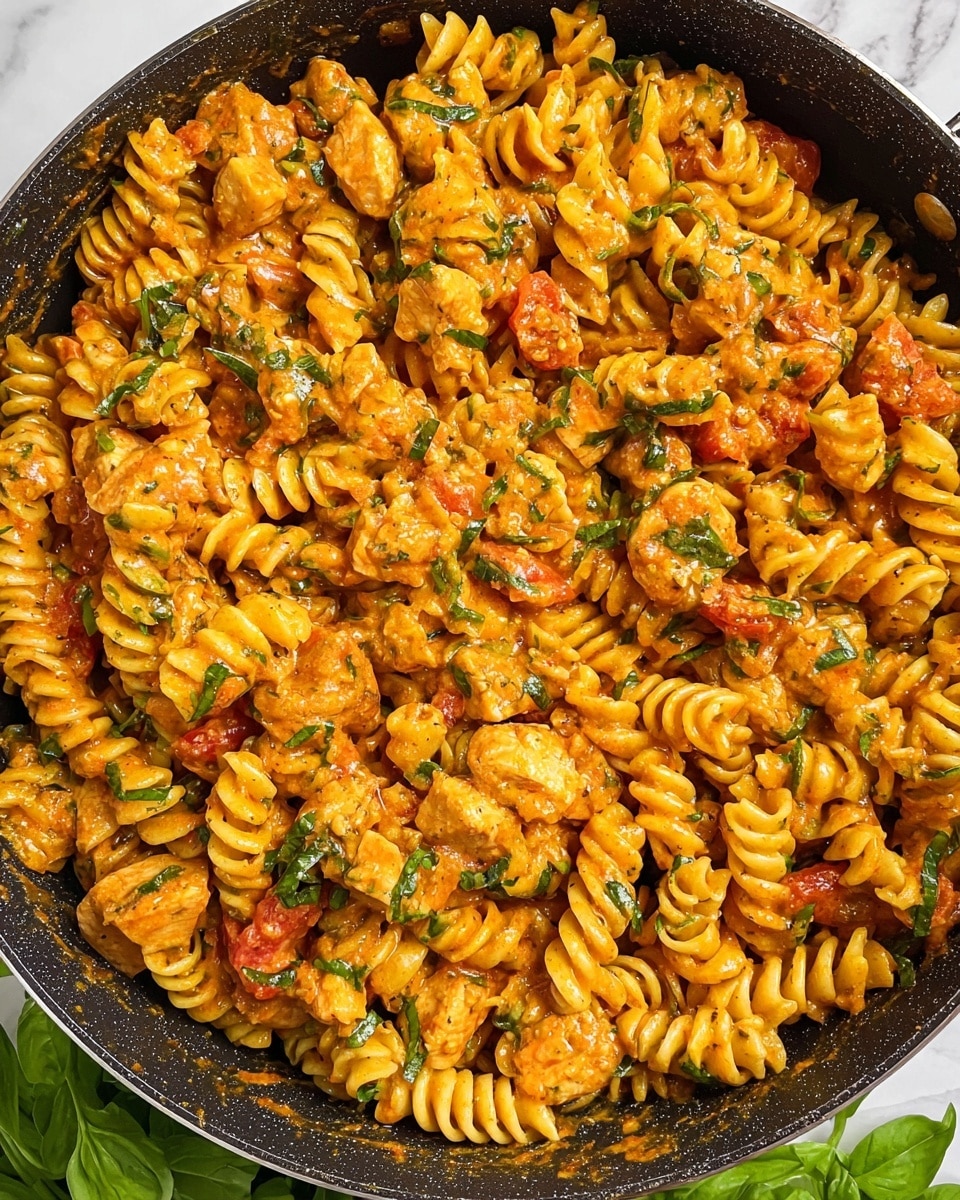 A close-up view of a black pan filled with a creamy pasta dish made of yellow spiraled rotini noodles mixed with small pieces of cooked chicken, light red tomato chunks, and chopped green herbs, all coated in a rich orange sauce. The ingredients appear well combined with the sauce giving a slight glossy texture, and fresh green leaves visible beside the pan on a white marbled surface. photo taken with an iphone --ar 4:5 --v 7