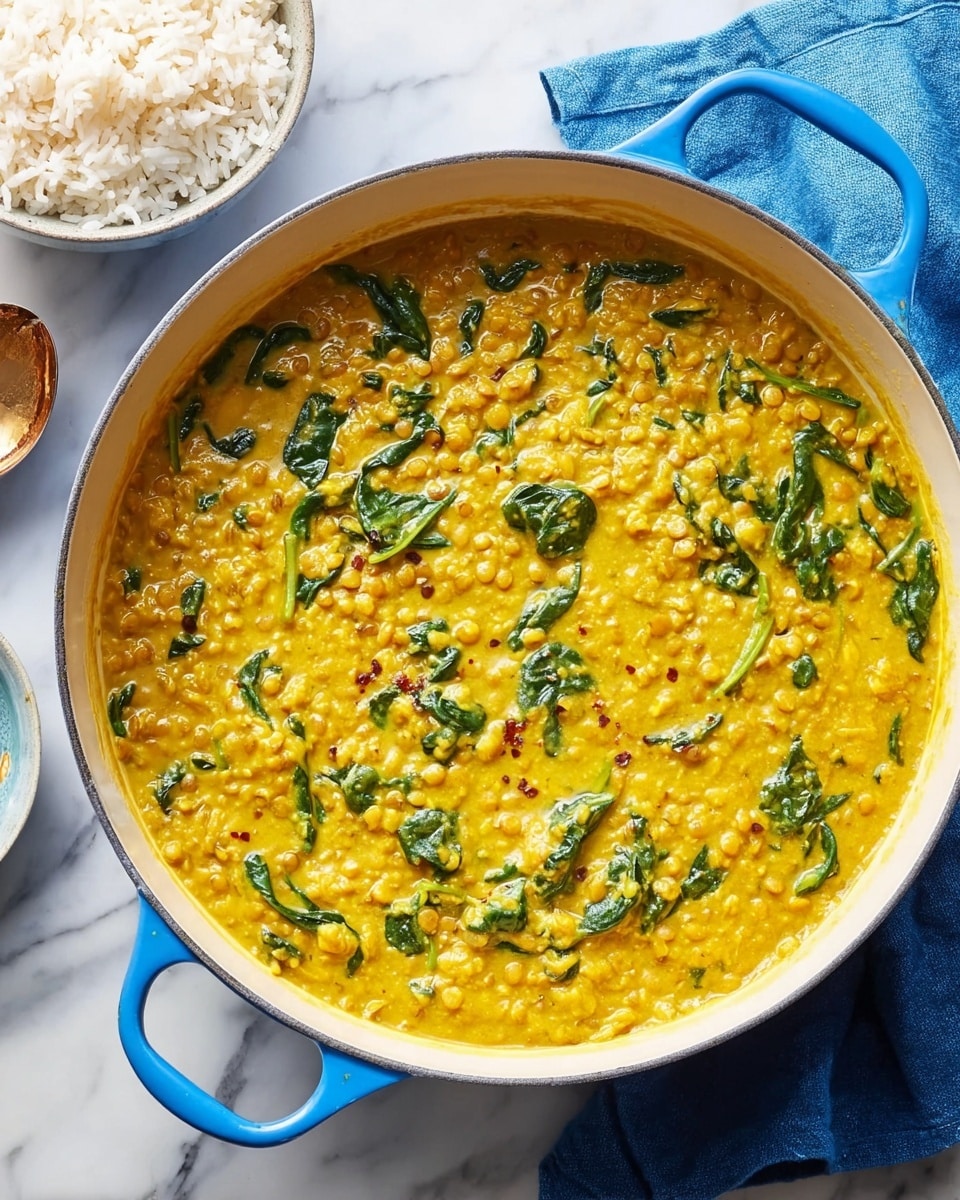 A large white pot with blue handles holds a thick yellow curry containing many small lentils mixed with dark green spinach leaves scattered throughout the creamy texture. The pot is placed on a white marbled surface with a blue cloth napkin nearby, next to a small white bowl filled with cooked white rice. The curry has a rich, smooth, and slightly chunky consistency with visible bits of spices and vegetables. Photo taken with an iphone --ar 4:5 --v 7