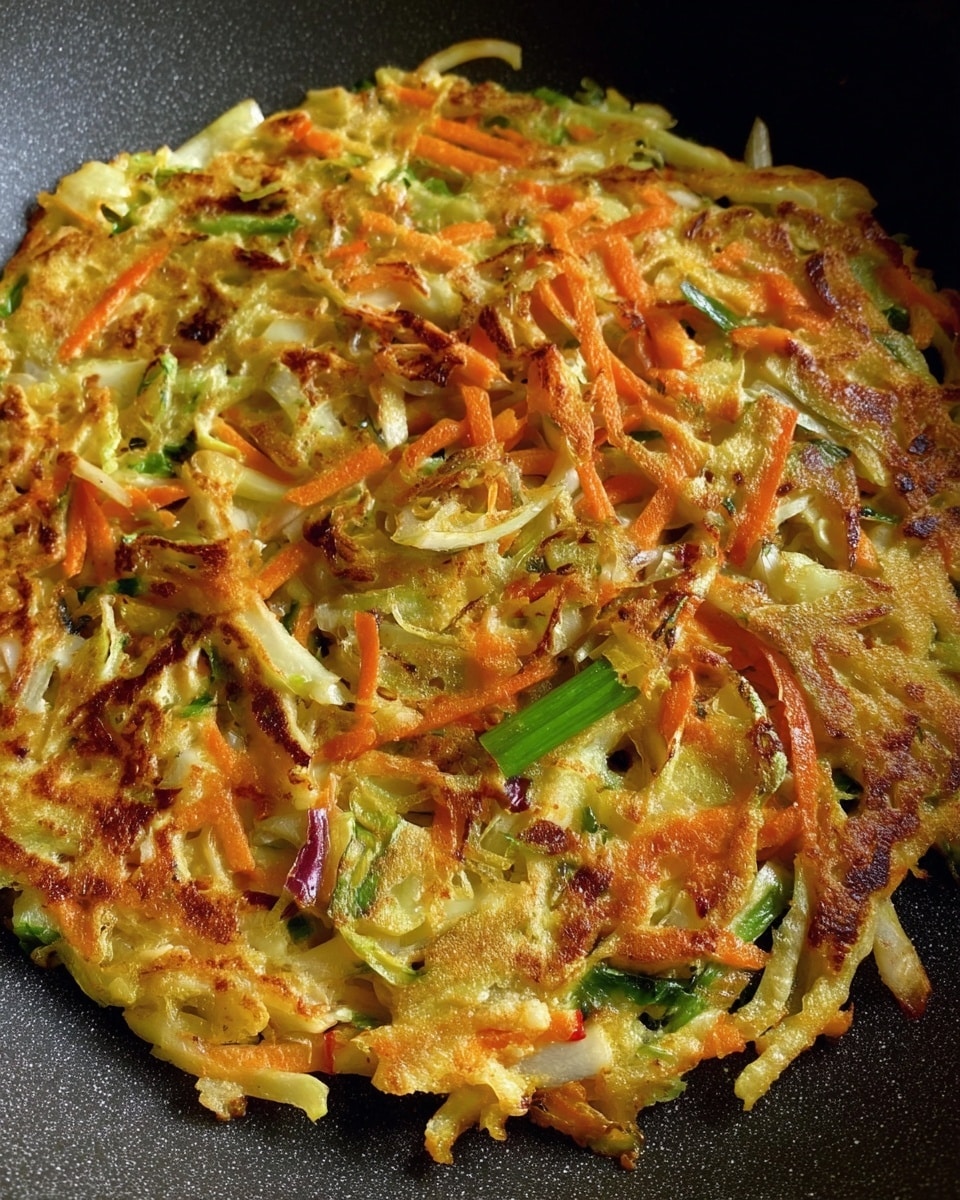 A close-up view of a sliced vegetable pancake arranged on a wooden board, showcasing three visible pieces. The pancake has a golden-brown crispy outer layer with a slightly uneven texture, holding together various colorful vegetables like thin orange carrot strips, green bell pepper slices, red bell pepper strips, and white onion slivers. The inside is soft and moist with the vegetables visibly layered and held together by a pale yellow batter. Each slice reveals a mix of vibrant colors and a richly textured surface, showing areas of slight charring and crispiness. photo taken with an iphone --ar 4:5 --v 7