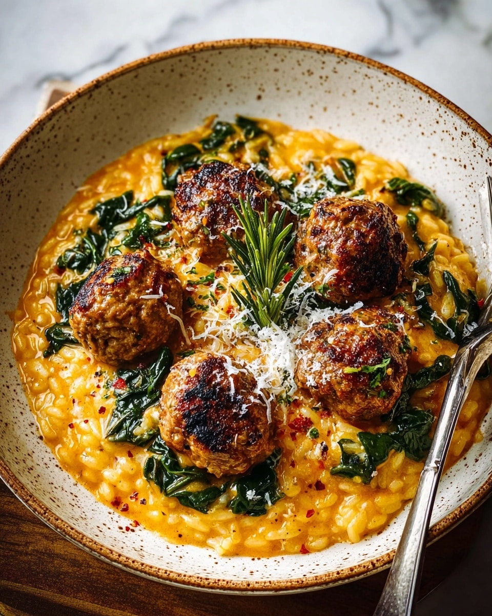 A white deep plate holds a creamy orange risotto mixed with bright green spinach leaves spread evenly as the base layer; on top, seven golden-brown grilled meatballs are scattered around, each with a slightly charred texture and sprinkled with finely grated white cheese. There are small bits of dark red sun-dried tomatoes and fresh green herbs like rosemary and chives placed over and around the meatballs adding contrast and freshness. A vintage silver fork rests on the left side of the plate, and the whole scene is set against a white marbled texture background. Photo taken with an iphone --ar 4:5 --v 7