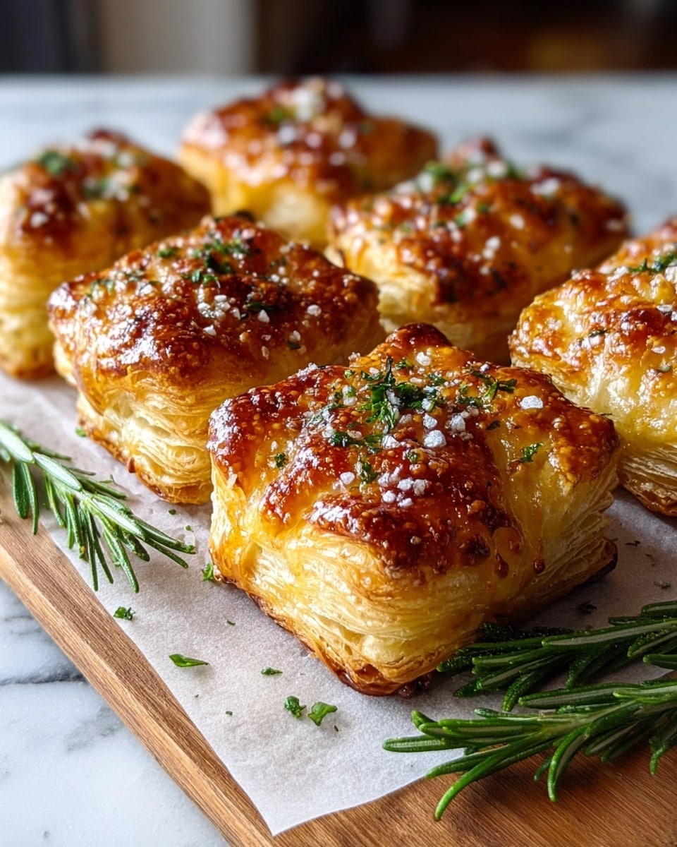 The image shows nine golden brown puff pastry squares arranged closely in three rows of three on white parchment paper on a wooden board. Each square has three layers: a flaky, light golden bottom layer, a middle layer oozing melted cheese peeking out from the edges, and a top layer that is bubbly and richly browned, topped with small bits of crunchy baked cheese. Sprinkled coarse salt and finely chopped green herbs garnish the tops, adding texture and color. Fresh rosemary sprigs lie beside the pastries. The photo is taken on a white marbled surface with soft natural light, creating a warm and appetizing look. Photo taken with an iphone --ar 4:5 --v 7