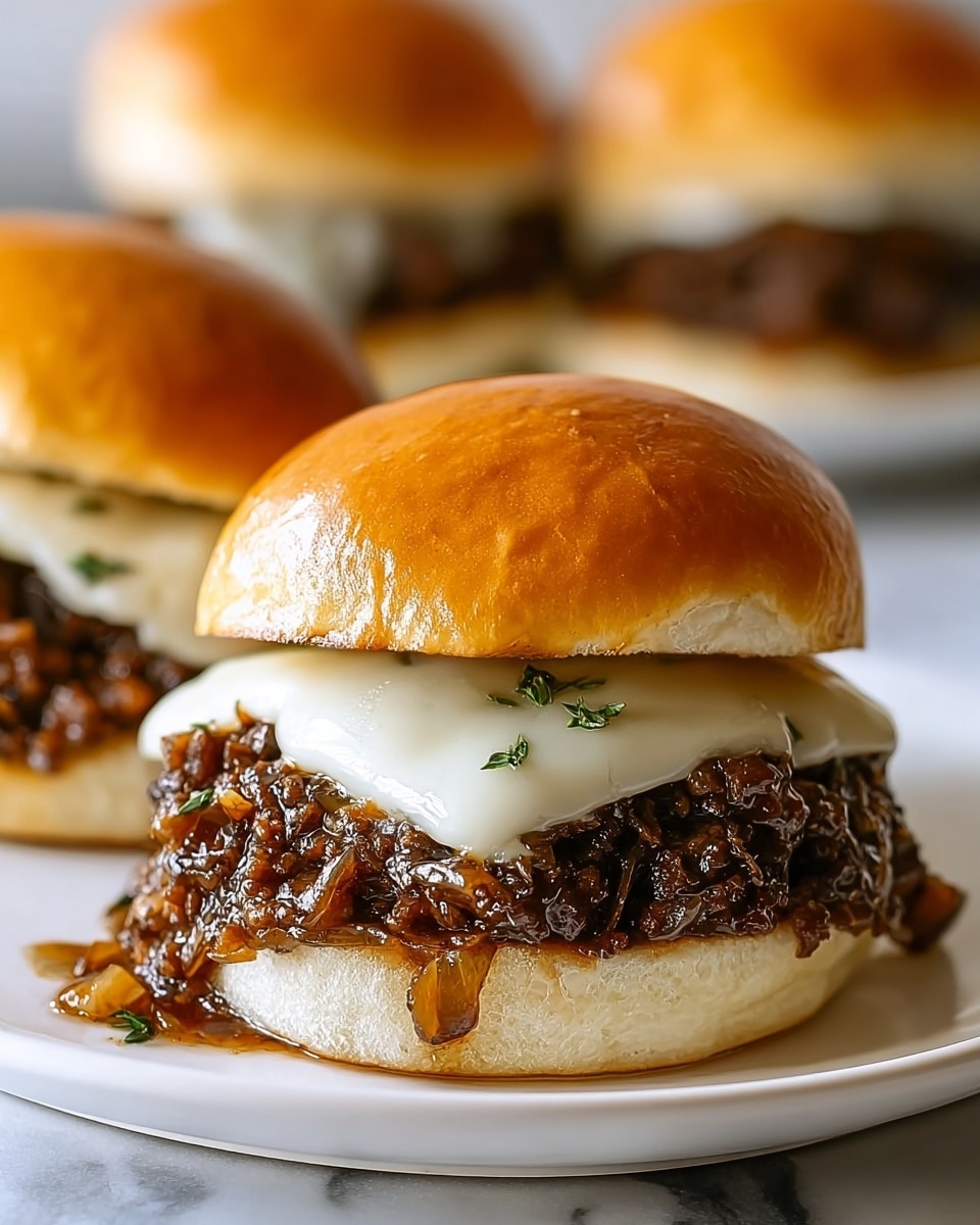 A close-up of a sandwich on a white plate with a white marbled textured surface underneath, showing three layers: the bottom golden brown soft bun, a thick layer of dark brown ground meat mixed with sauce and small green herbs, a slice of melted white cheese on top of the meat, and a generous layer of glossy caramelized onions with herbs resting just under the shiny golden brown top bun. The sandwich looks juicy and rich with sauce slightly dripping onto the plate, and two more sandwiches blurred in the background. Photo taken with an iphone --ar 4:5 --v 7