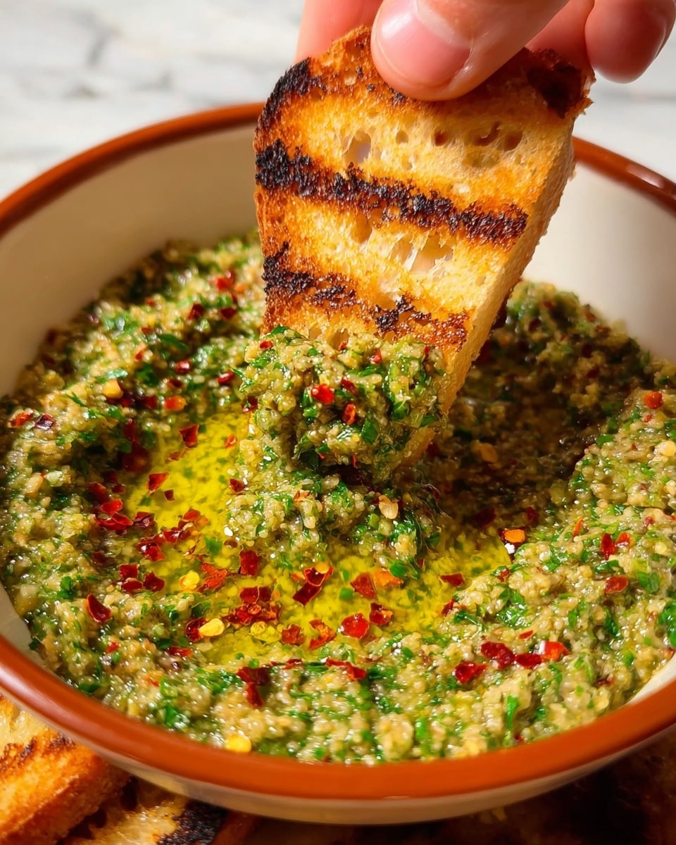 A close-up image of a brown ceramic bowl filled with a greenish, coarse-textured paste that appears to be pesto or a similar dip, topped with small red chili flakes and a drizzle of golden olive oil that pools slightly in the center. A woman's hand is dipping a piece of toasted white bread, which is golden-brown with visible grill marks and a crispy texture, into the paste. The background features a white marbled texture. Photo taken with an iphone --ar 4:5 --v 7