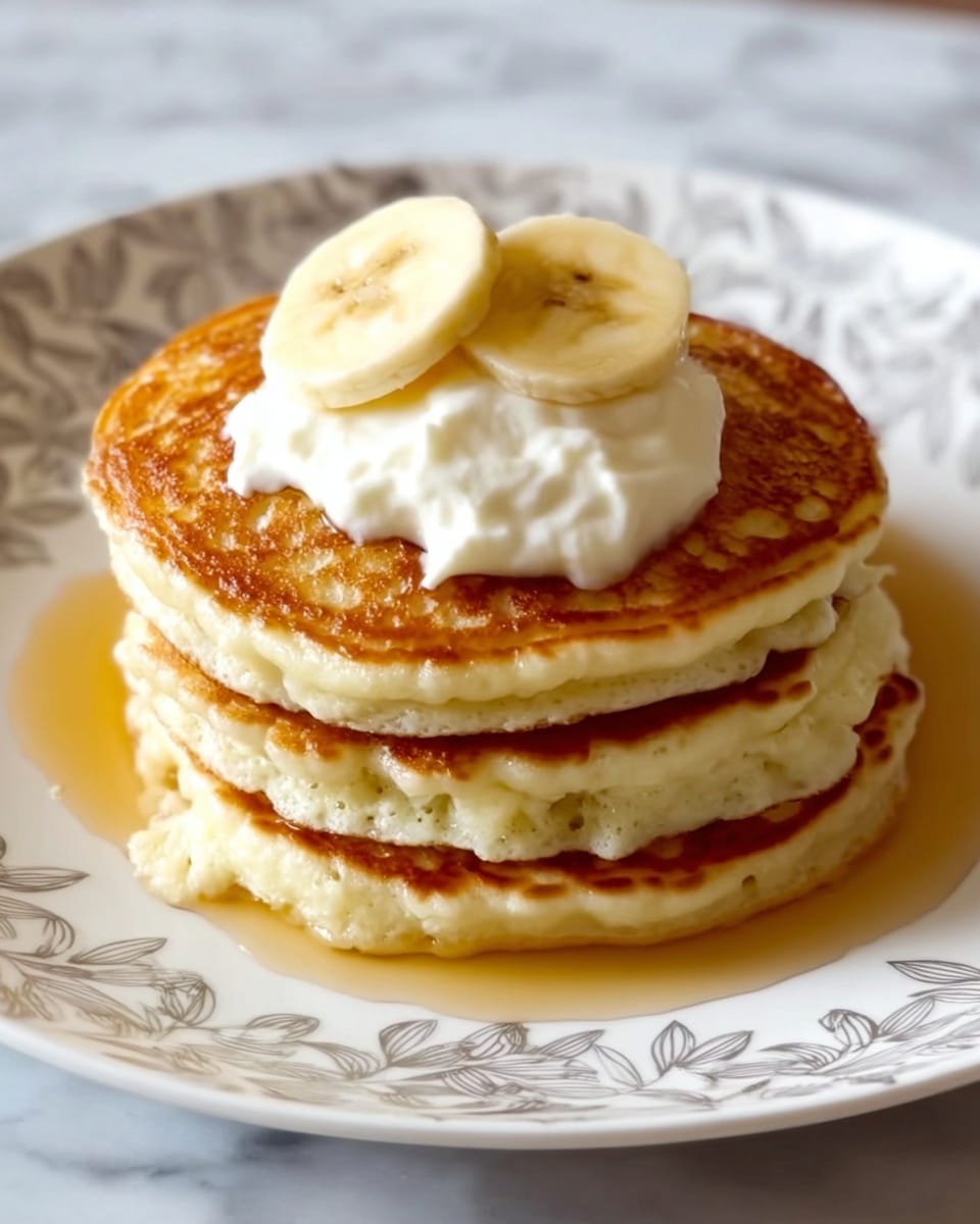 A stack of three thick, fluffy pancakes with golden-brown tops and light, creamy sides sits on a white plate with subtle embossed patterns along the rim. The pancakes are layered evenly, with syrup dripping down the sides and pooling gently around the base. On top of the stack, there is a swirl of white whipped cream crowned by a single fresh banana slice with pale yellow color and visible banana texture. The plate is set on a white marbled surface. photo taken with an iphone --ar 4:5 --v 7