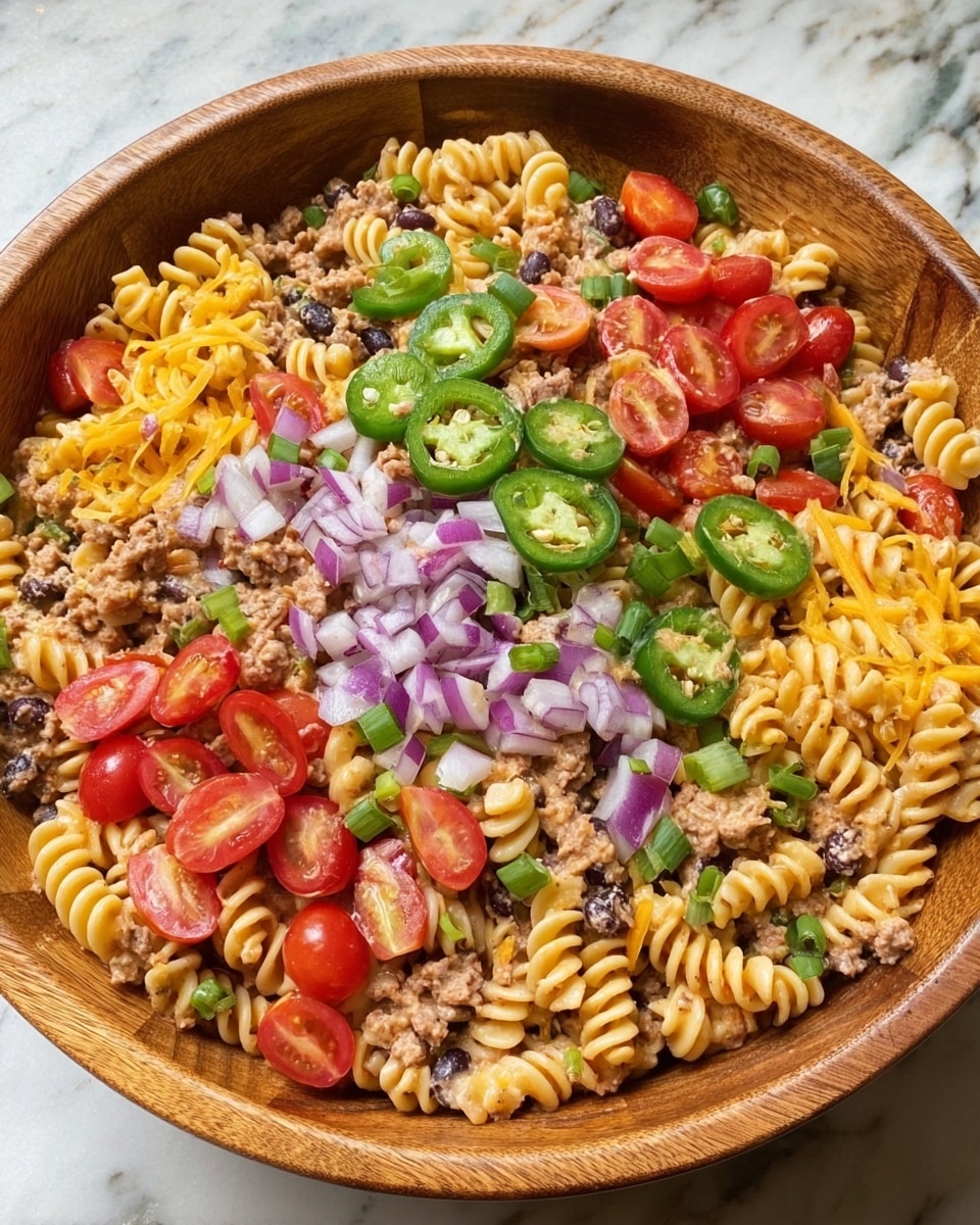 A large wooden bowl filled with a colorful pasta salad shows several layers and textures. The bottom layer is light tan spiral rotini pasta mixed with creamy, slightly orange dressing. Small pieces of ground meat, yellow corn, and black beans are spread evenly throughout the pasta. On top, there are bright halved and whole red grape tomatoes along with thinly sliced green jalapeño peppers. Small diced purple onion and chopped green onions are scattered over the entire dish, adding specks of purple and green that contrast with the creamy pasta. The bowl sits on a white marbled textured surface. Photo taken with an iphone --ar 4:5 --v 7