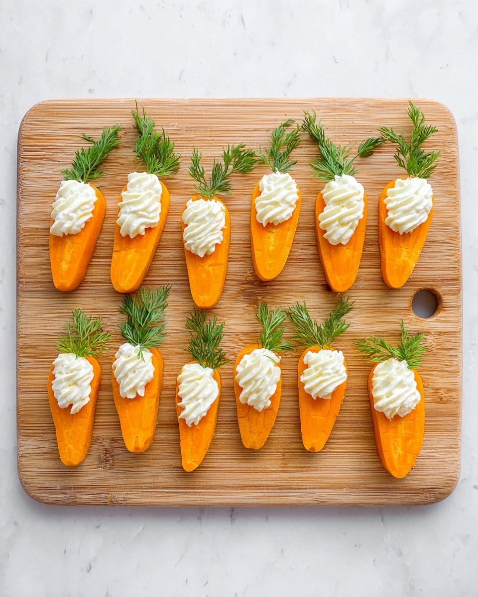 The image shows eleven carrot-shaped snack pieces arranged on a wooden cutting board set on a white marbled background. Each piece consists of a bright orange carrot-shaped base with a creamy white layer piped on top in a wavy pattern. At the thicker end of each carrot piece, there is a small bunch of fresh green dill to mimic carrot leaves. The wooden board has a natural grain texture with a small round hole on one edge. The layout is neat and evenly spaced. Photo taken with an iphone --ar 4:5 --v 7