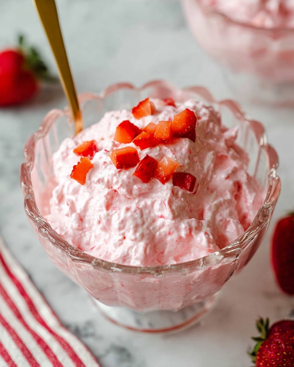 A clear glass bowl with scalloped edges filled with a fluffy pink mousse that has a creamy, slightly chunky texture. On top, there are small pieces of red and orange cut strawberries scattered for decoration. A gold spoon stands inside the mousse on the left side. The bowl rests on a white marbled surface, and part of a striped red and white cloth is visible on the lower left corner. Photo taken with an iphone --ar 4:5 --v 7
