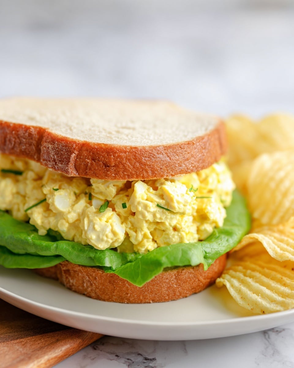 A thick sandwich cut in half stacked, showing three layers of soft, white bread with a lightly browned crust. Between the bread layers is a thick, chunky egg salad with pale yellow creamy mixture and small pieces of egg, seasoned with light specks of spices and small green bits. Beneath the egg salad is a layer of fresh, green lettuce. The sandwich is held together by a small skewer on top and placed on a white plate on a white marbled surface. photo taken with an iphone --ar 4:5 --v 7
