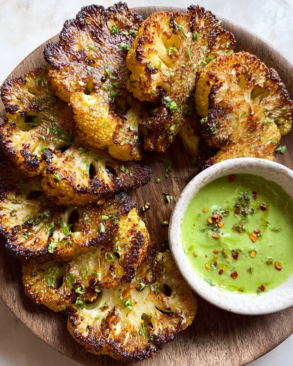The image shows several thick cauliflower slices that are golden brown and crispy on the edges, arranged close together on a white plate with a wooden texture. The cauliflower has a rough, crunchy texture with some charred spots, and it is sprinkled with small green herbs and red chili flakes. At the bottom of the plate, there is a small white bowl filled with creamy bright green sauce, topped with small herb pieces. The whole setup is on a white marbled texture surface. photo taken with an iphone --ar 4:5 --v 7