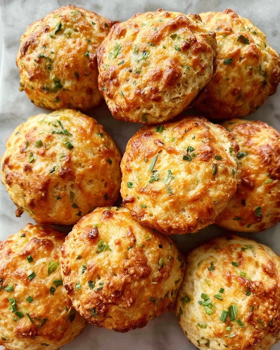 The image shows a close-up of a group of ten golden brown cheese biscuits with specks of green herbs scattered on top. Each biscuit has a slightly uneven round shape with a textured surface, showing melted cheese bits baked into the dough giving a slightly bubbly and crispy look. The biscuits sit together on a white marbled textured surface, highlighting their warm, fresh-from-the-oven appearance. Photo taken with an iphone --ar 4:5 --v 7