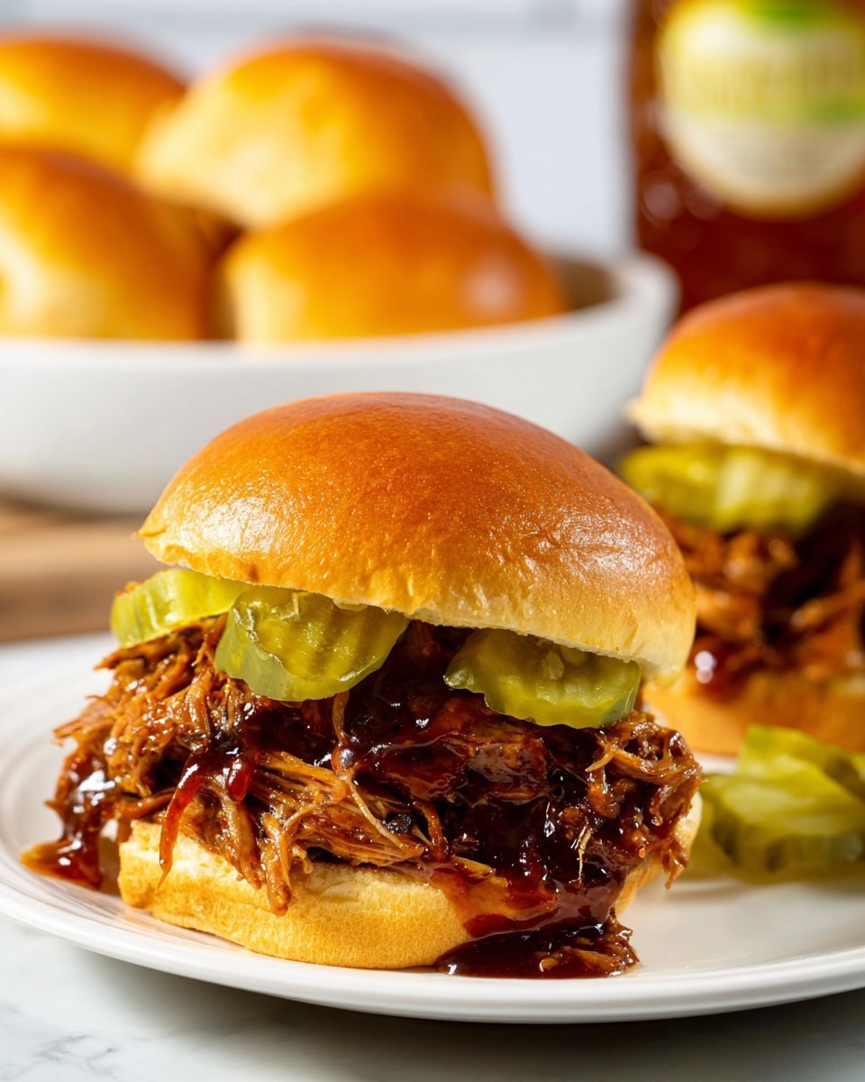 A close-up view of a pulled pork sandwich on a white plate with a white marbled background, showing two layers: a soft, shiny golden-brown top bun with a smooth texture and a thick bottom bun holding a generous pile of dark brown, saucy pulled pork with visible strands and a glossy finish, topped with bright green, crinkled pickle slices. A blurred bottle of honey sits in the background next to a white plate with more golden buns. photo taken with an iphone --ar 4:5 --v 7