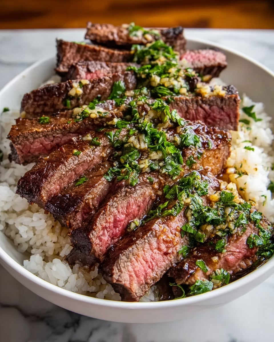 This dish shows a white bowl filled with two main layers. The bottom layer is soft white rice with a fluffy texture, filling the bowl about halfway. On top, thick slices of medium-rare steak are layered closely, showing a mix of brown crispy edges and pink inside. The steak is covered with a green herb sauce that looks chopped and fresh, with small bits of garlic or seasoning sprinkled on the top. The background is a white marbled texture. Photo taken with an iphone --ar 4:5 --v 7