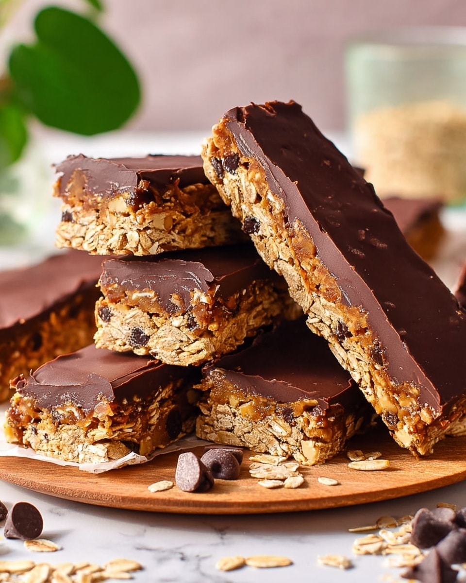 A stack of five granola bars is shown on a wooden board over a white marbled surface, each bar having two layers: a thick, smooth, dark brown chocolate layer on top and a golden oat and chocolate chip textured base with visible oats and small chocolate chunks. The bars are rectangular and slightly thick, with one bar leaning diagonally on top of the others, revealing the cross-section clearly. In the blurred background, there are a few scattered oats and chocolate chips, along with a small part of green leaves and a glass cup on a woven coaster. Photo taken with an iphone --ar 4:5 --v 7