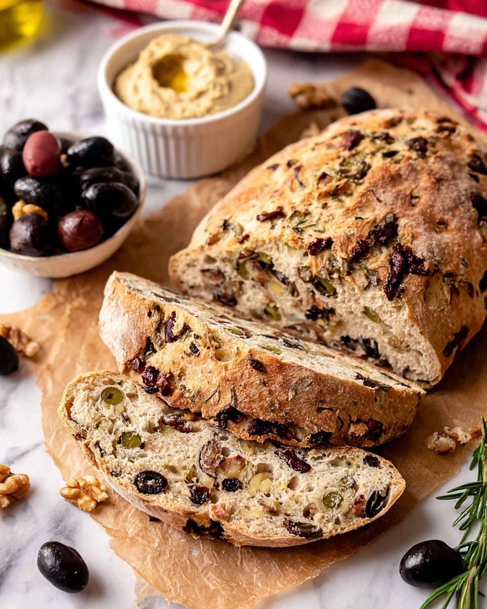 The image shows a thick loaf of rustic olive bread resting on light brown parchment paper on a white marbled surface. The loaf is golden-brown and studded with dark black olives and green olives, visible in both the whole loaf and the slices. The interior of the bread is dense with a rough texture, containing pieces of walnuts and olives that create dark spots inside the pale crumb. Around the bread, there are scattered whole black and green olives and sprigs of rosemary adding a fresh touch. In the background, a white ramekin filled with a creamy pale yellow spread and a red and white checkered cloth are softly out of focus, giving it a cozy and homemade feel. Photo taken with an iphone --ar 4:5 --v 7