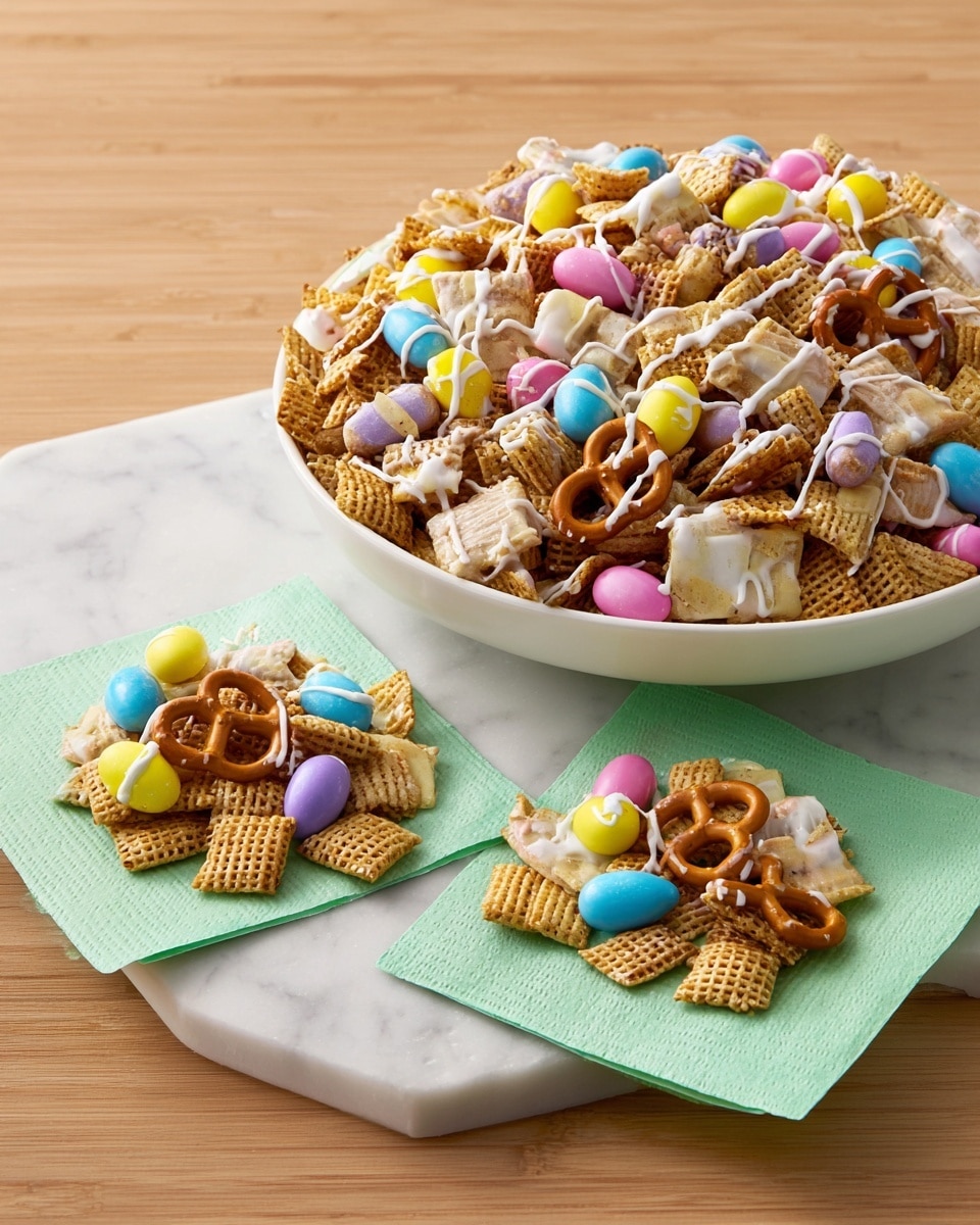 A large white bowl filled with a mix of crunchy cereal squares, small pretzels, and colorful candy-coated chocolates in pastel shades of blue, pink, yellow, and purple, all drizzled with a smooth white glaze. In front of the bowl, two white square napkins with green borders hold small piles of the same snack mix. The cereal squares are golden brown with a textured grid pattern, the pretzels are light brown and twisted, and the glaze gives a shiny and slightly creamy look on top of the ingredients. The setting is on a white marbled surface with a wooden table underneath. photo taken with an iphone --ar 4:5 --v 7