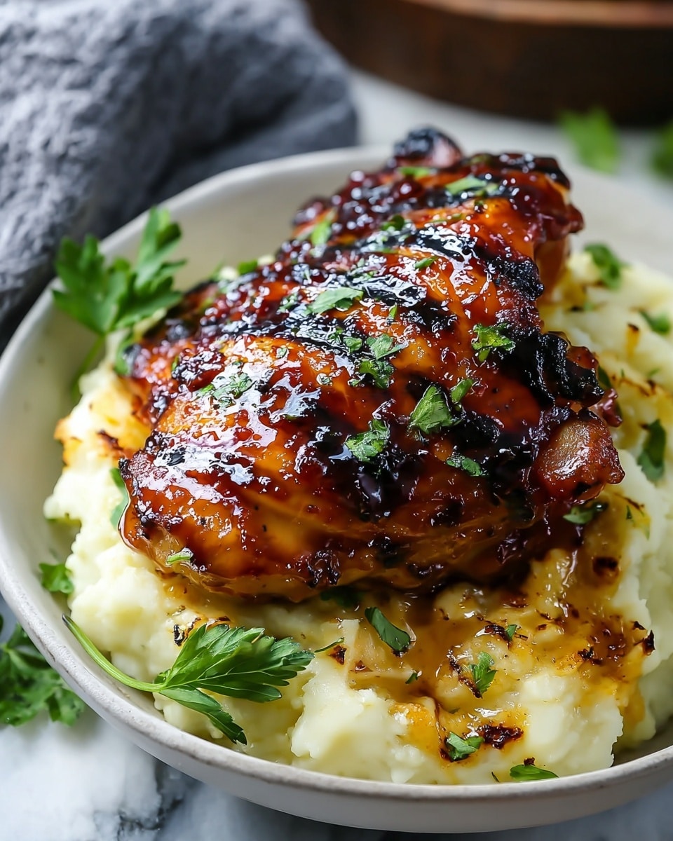 A dark gray bowl holds a base layer of creamy mashed potatoes, thick and smooth with a pale yellow color, lightly sprinkled with chopped green herbs. On top, there are two pieces of grilled chicken thighs with a shiny, caramelized glaze that is dark brown and slightly charred in areas, giving a rich texture. Fresh green herb leaves are scattered over the chicken, adding bright green contrasts. The bowl is set on a black and white striped cloth with a blurred background of fresh green leaves. Photo taken with an iphone --ar 4:5 --v 7