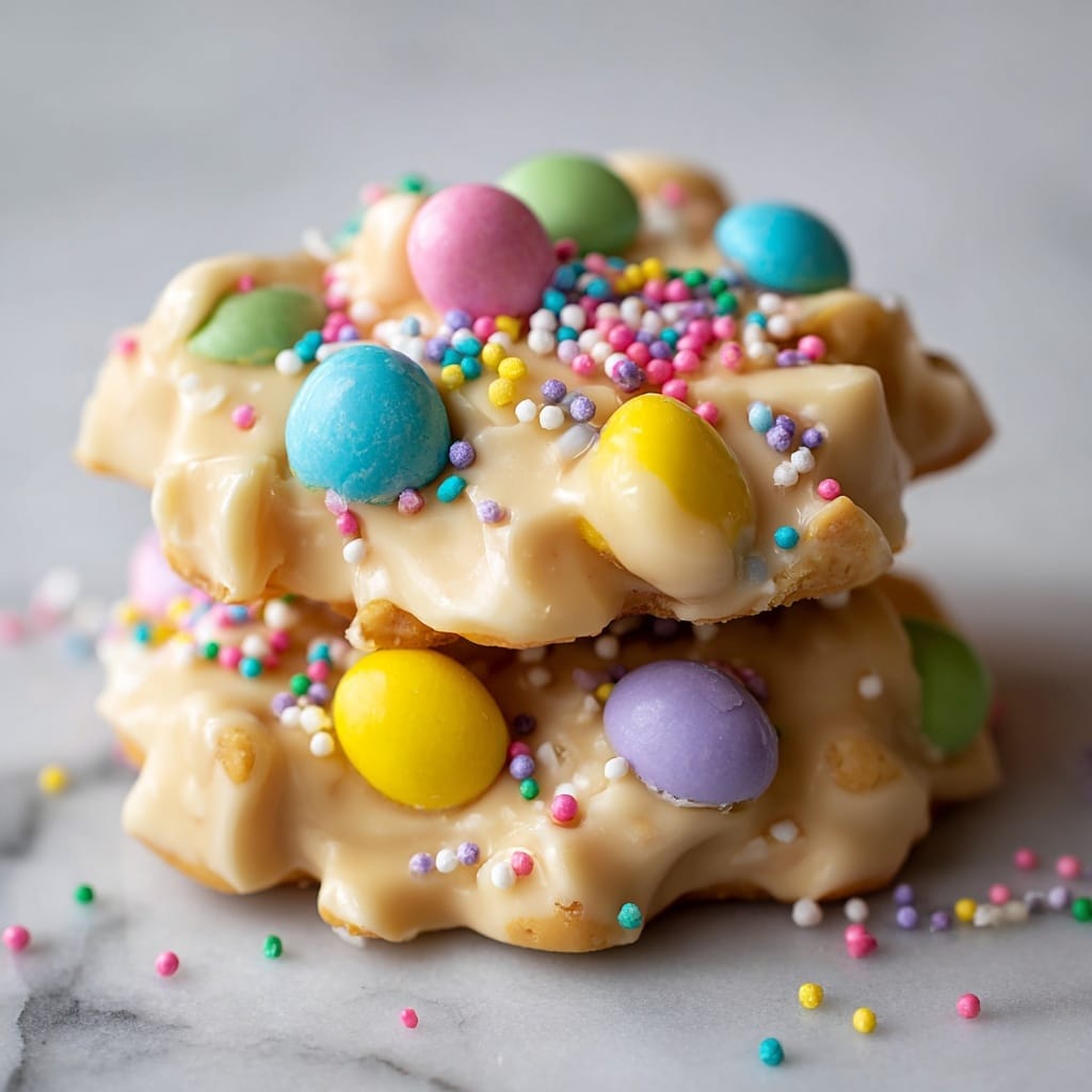 Close-up of several peanut clusters covered in a smooth white coating, each cluster featuring visible whole and halved peanuts with a light tan color. The clusters are topped with colorful candy-coated chocolate pieces in pink, purple, blue, yellow, and green, scattered evenly on the surface. Small round sprinkles in pastel colors of yellow, purple, green, and blue are sprinkled on top, adding texture and more color contrast. The clusters rest on a white marbled surface, and the image focuses tightly on the irregular shapes and layered texture of the clusters, showing the glossy candy shells and matte peanut surfaces clearly. photo taken with an iphone --ar 4:5 --v 7