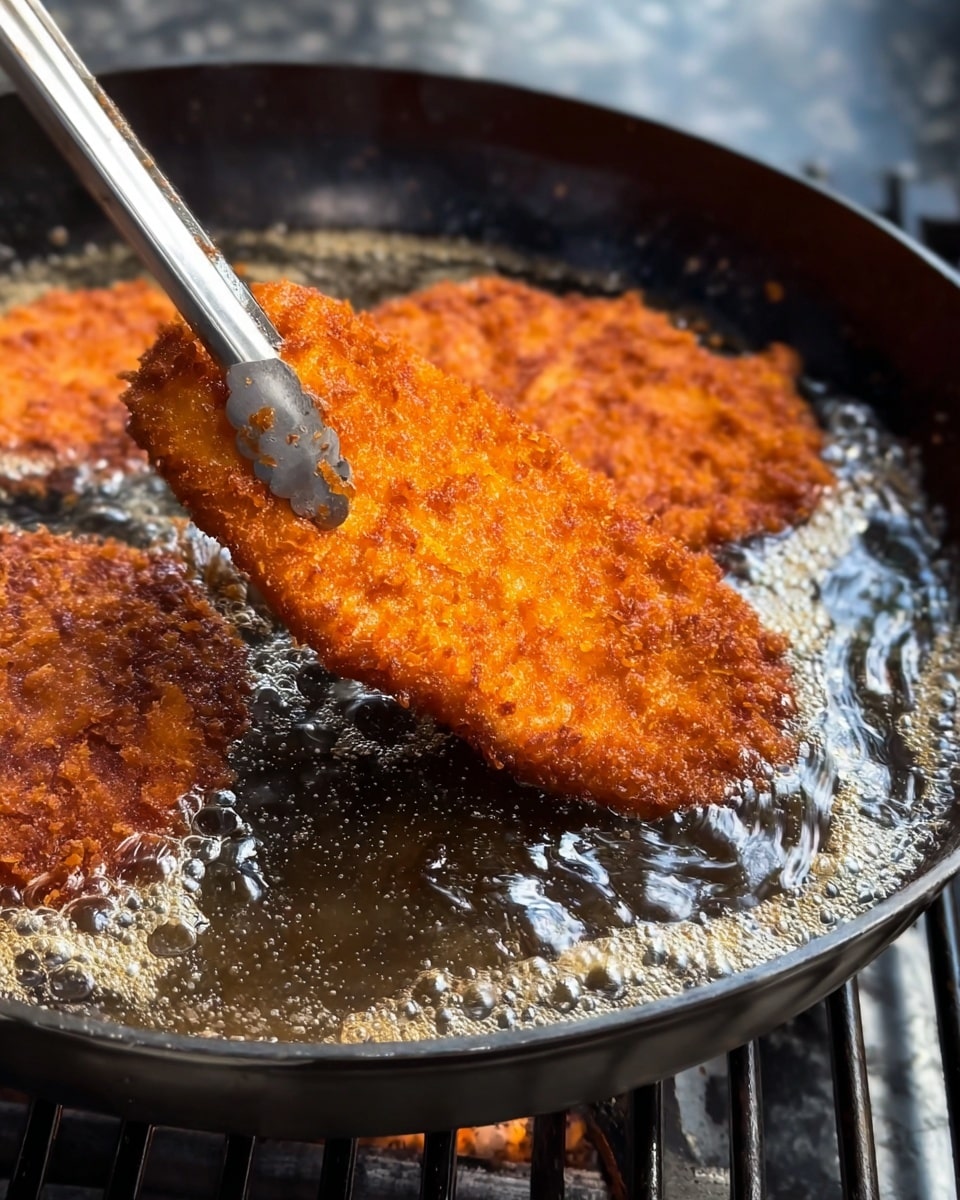 A close-up view of a golden-brown, crispy fried cutlet being lifted with silver tongs above a black pan filled with bubbling hot oil, with two more similar cutlets frying in the oil in the background. The cutlet has a rough, crunchy texture with an uneven surface, showing deep orange and light brown shades. The pan sits on a grill with a white marbled texture underneath. The hot oil is foamy and shimmering, emphasizing the frying process vividly. photo taken with an iphone --ar 4:5 --v 7