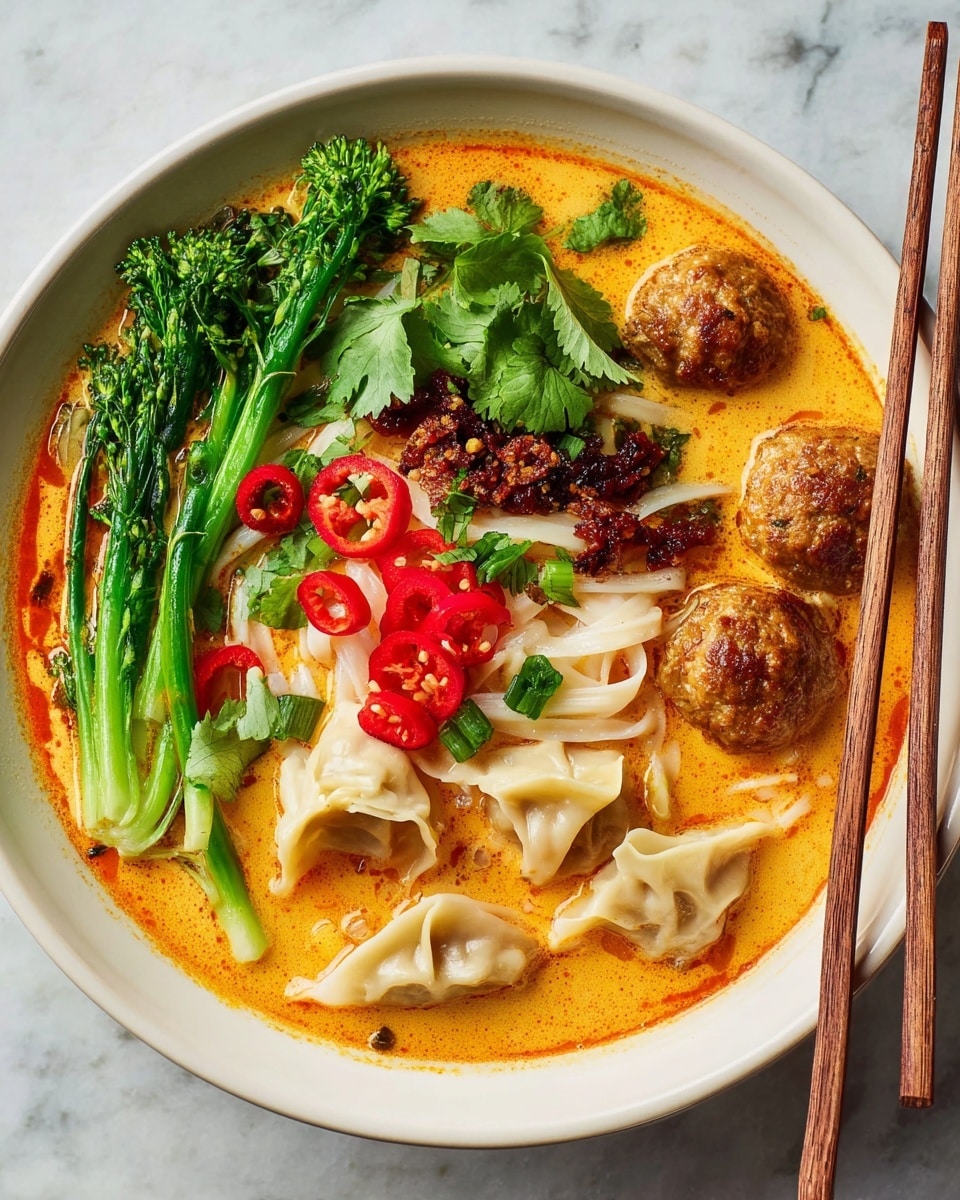 A white bowl holds a creamy orange broth as the base layer, thick and rich in texture. On top, there are pale beige noodles coiled on one side. Bright green broccolini with textured florets lies across the bowl, adding vibrant color. Small brown meatballs with a coarse look are positioned near the noodles. Red sliced chili peppers scattered around add a spicy touch. Fresh green cilantro leaves are layered nearby, along with some dumplings showing pale dough folds. A spoon is held above the bowl by a woman's hand, dripping red chili oil onto the dish. The background is a white marbled texture. photo taken with an iphone --ar 4:5 --v 7