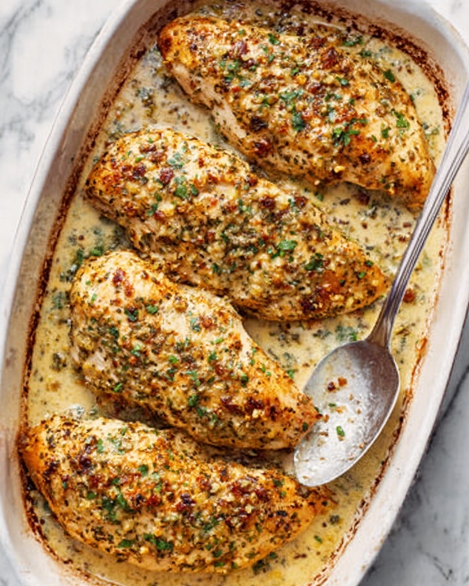 The image shows four baked chicken breasts in a white baking dish on a white marbled surface. Each chicken breast has a golden-brown crust with visible herbs and a creamy sauce coating. The texture on top looks slightly crispy with specks of green herbs and some small browned bits. The sauce around the chicken is creamy and light in color, pooling a little in the bottom of the dish. A metal serving spoon is resting on the right side of the dish, partially under one chicken breast. The scene is well-lit, highlighting the texture and colors of the baked chicken. Photo taken with an iphone --ar 4:5 --v 7