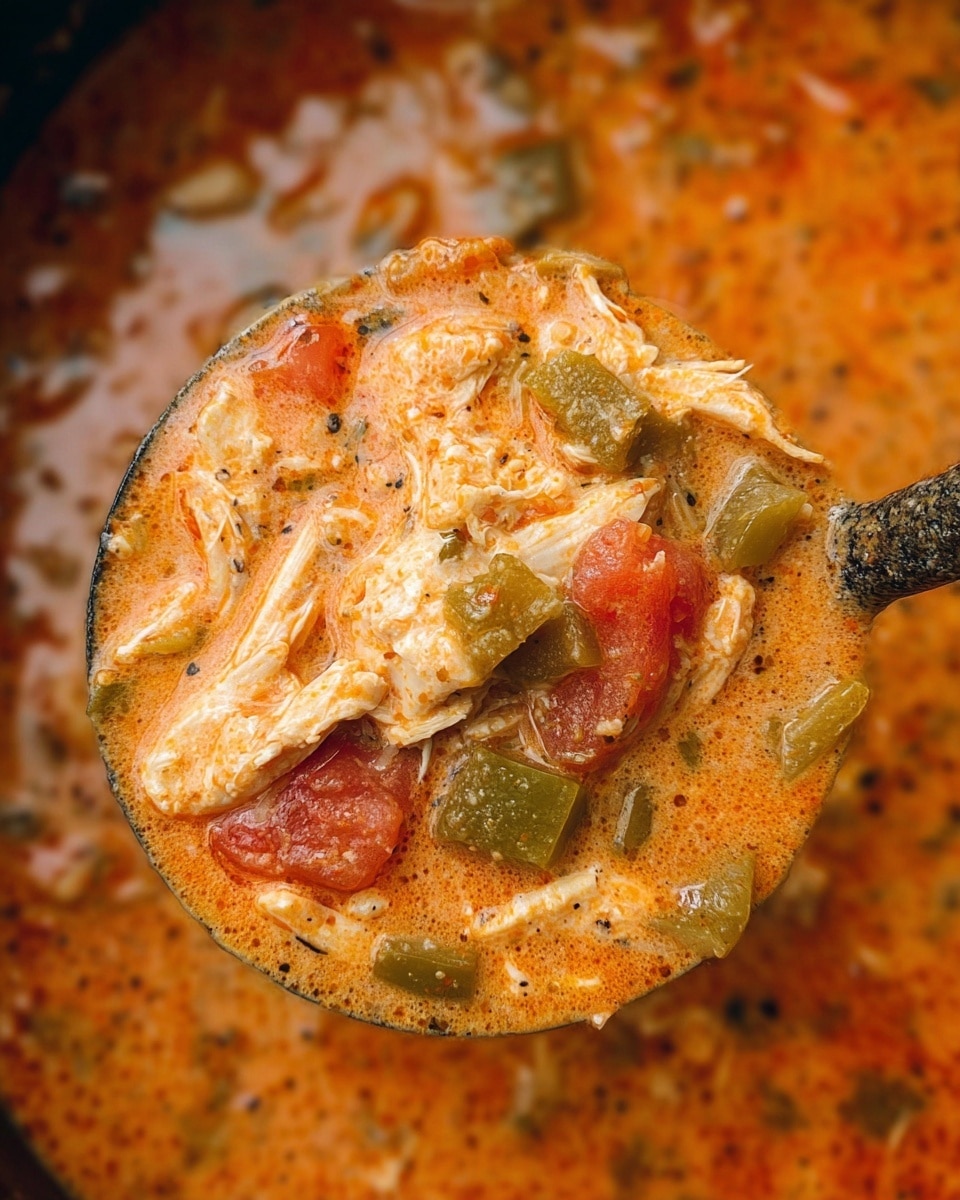 A close-up view of a ladle full of creamy soup with three main layers: a thick reddish-orange broth base with visible oil spots and spices, a middle layer consisting of diced green bell peppers and chunks of tomatoes adding bright green and red colors, and a top layer showing shredded white chicken mixed throughout the soup, creating a chunky texture. The soup appears rich and thick with a smooth creamy surface mixed with the chunks, and the ladle is filled to the top, highlighting the mix of ingredients. The background is blurred but shows more of the same soup with a glossy finish. Photo taken with an iphone --ar 4:5 --v 7