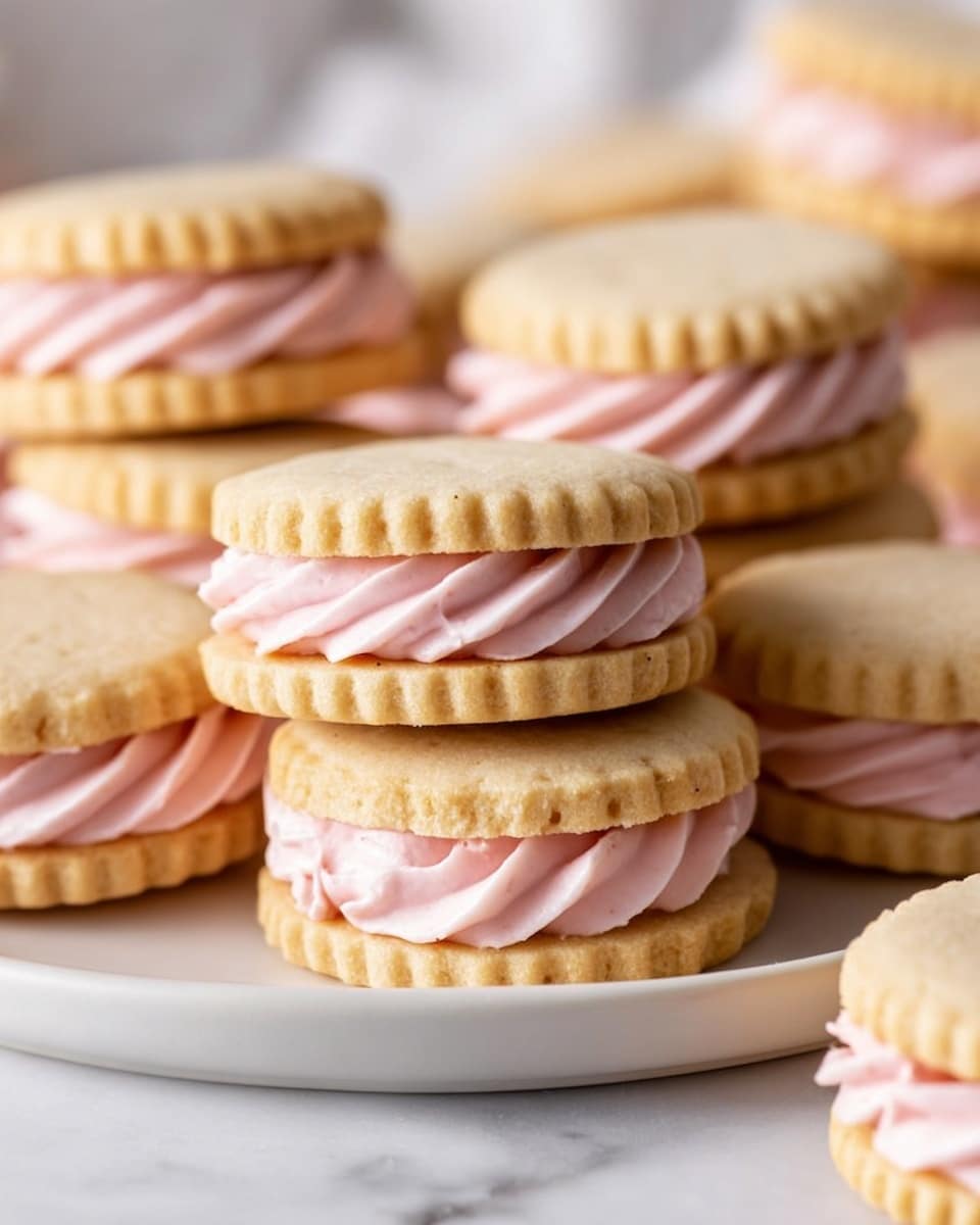 The image shows many sandwich cookies stacked and arranged closely together on a white marbled surface. Each cookie has two light beige, round, scalloped-edge biscuit layers with a thick swirl of smooth, pastel pink cream filling in the middle. The cream looks soft and slightly glossy, with visible spiral ridges from piping. The cookies form small vertical stacks, while some lay flat or lean against each other, creating a casual, abundant display. In the blurred background, a glass bottle filled with a light pink liquid is partially visible. The overall look is clean and bright, emphasizing the creamy texture and soft pastel colors of the cookies. photo taken with an iphone --ar 4:5 --v 7