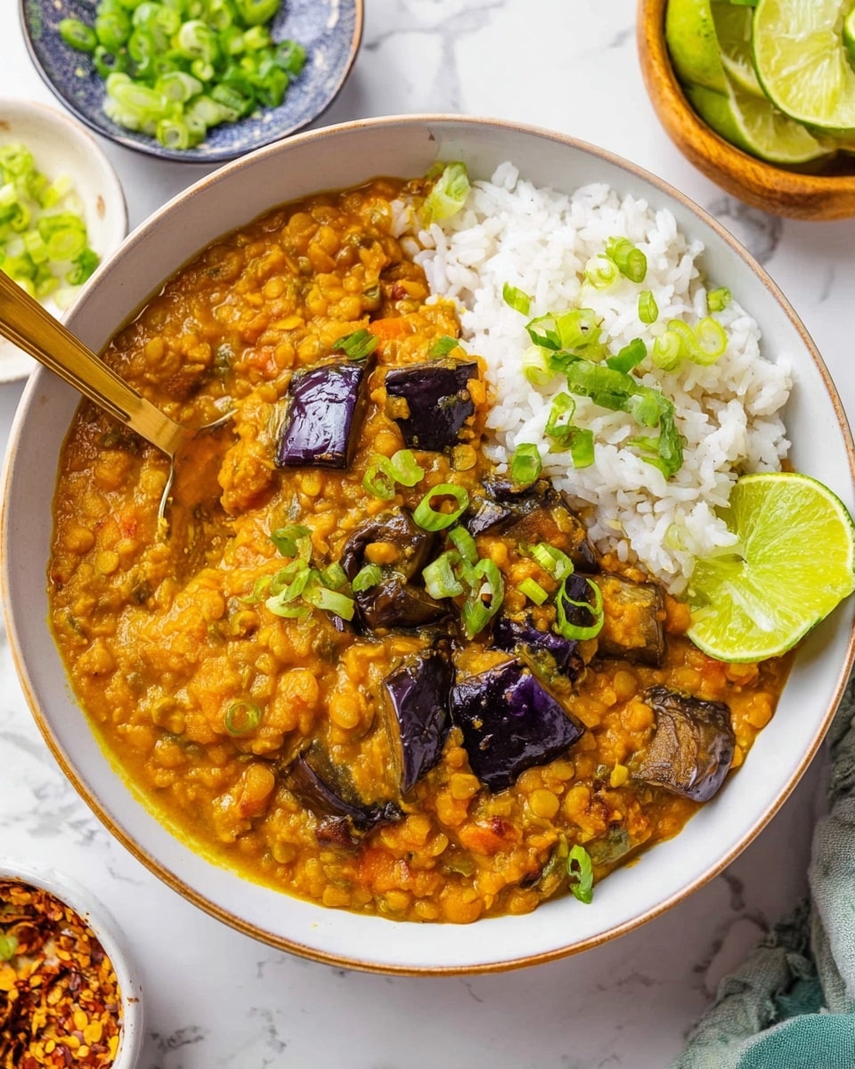 A white bowl filled with a thick orange lentil stew mixed with dark purple chunks of eggplant, sprinkled with chopped green onions. On one side, there is a mound of white rice topped with more green onion pieces and small red chili flakes. A bright green lime wedge rests near the rice, adding a fresh touch. A gold spoon is partially submerged in the stew on the right side. The bowl sits on a white marbled surface. photo taken with an iphone --ar 4:5 --v 7