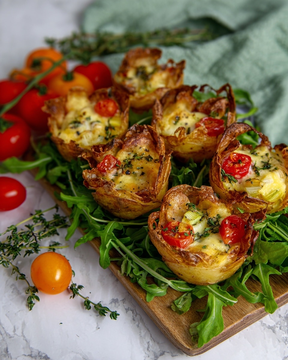 The image shows a close-up of several crispy yellow potato nests with thin slices of potatoes curved to form small bowls. Inside each nest are layers of white cheese shreds, small red cherry tomato halves, and green fresh herbs. A creamy light yellow sauce is being poured from a metal ladle into one of the potato nests, adding a smooth texture on top of the layered ingredients. The nests sit on a tray placed over a white marbled surface. photo taken with an iphone --ar 4:5 --v 7