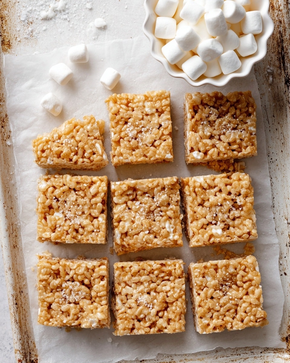 A close-up image shows a stack of two square-shaped cereal bars with a chewy, golden-brown texture made from crispy rice cereal mixed with melted marshmallows. Small white marshmallow pieces are visible inside the bars, adding contrast. The stack is placed on white parchment paper that rests on a cottage baking sheet with a rustic look. Some loose mini marshmallows lie beside the stack. The background is softly blurred and has a white marbled texture, with a glass bottle of milk also faintly visible behind. Photo taken with an iphone --ar 4:5 --v 7
